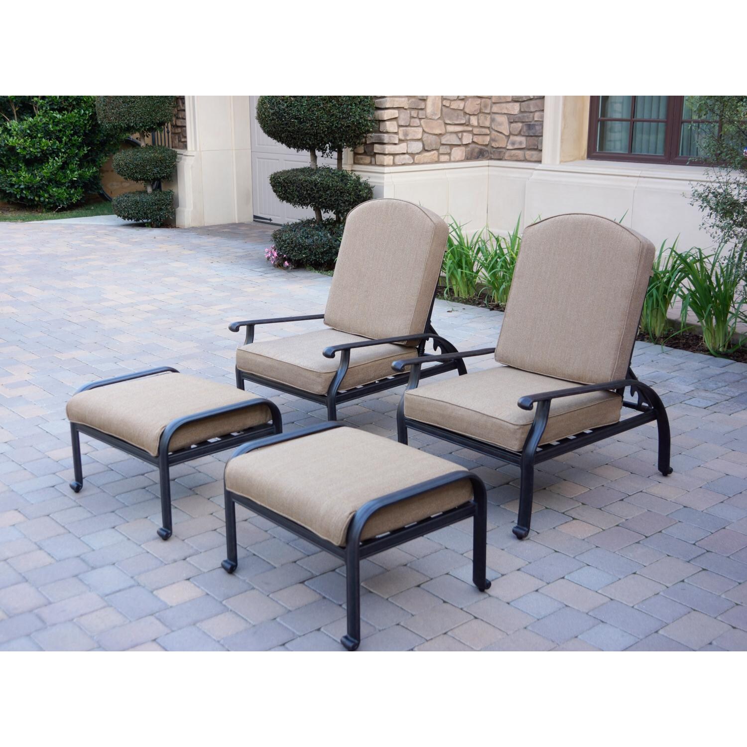 Darlee DL709-1-2 Elisabeth 4 Piece Cast Aluminum Patio Reclining Club Chair And Ottoman Set W/ Sesame Cushions - Lifestyle thumbnail