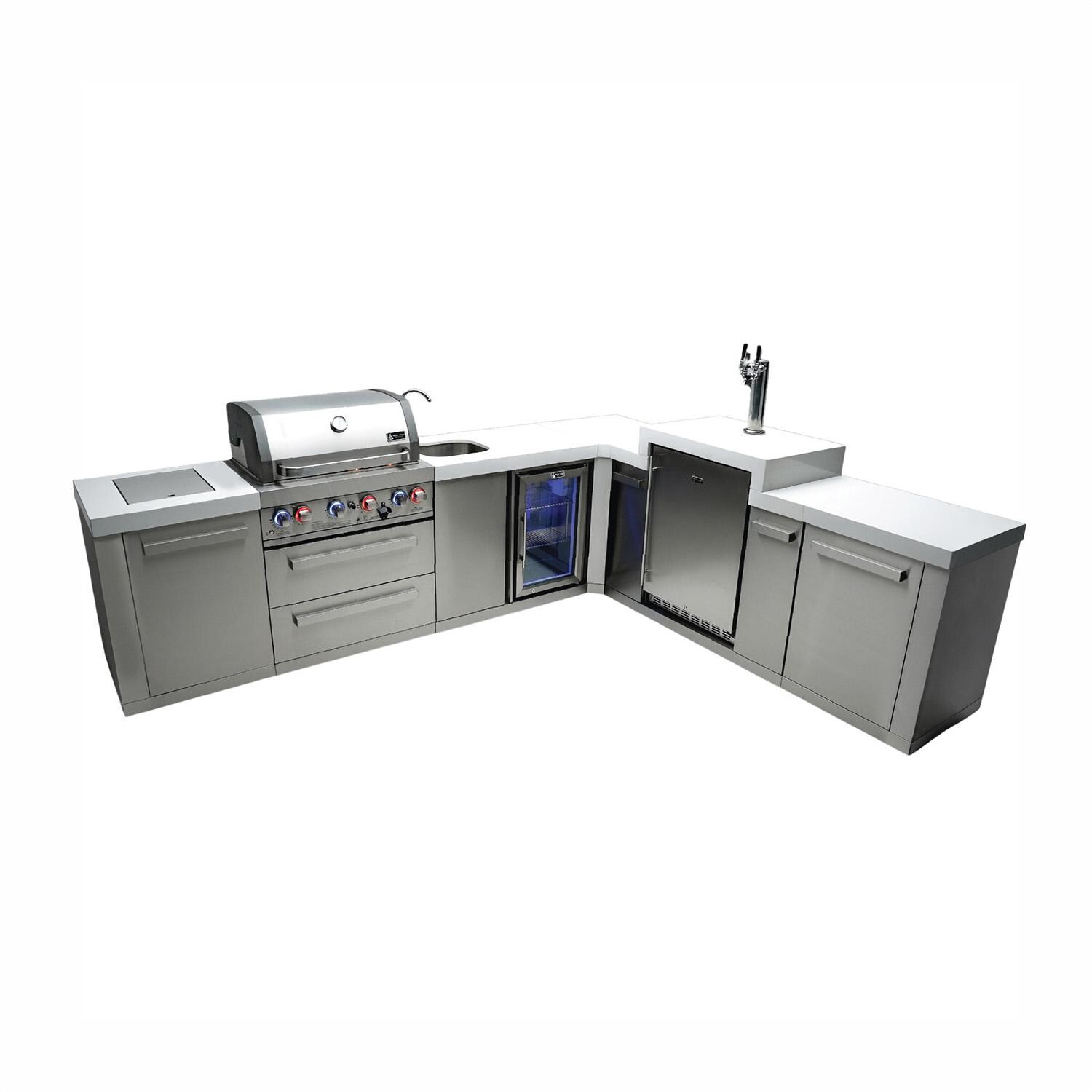 Mont Alpi MAi400-90KEGBEV Original Series 11 1/2 Ft L-Shaped Propane Outdoor Kitchen Island w/ Side Burner, Beverage Center & Kegerator - Island - White Background thumbnail