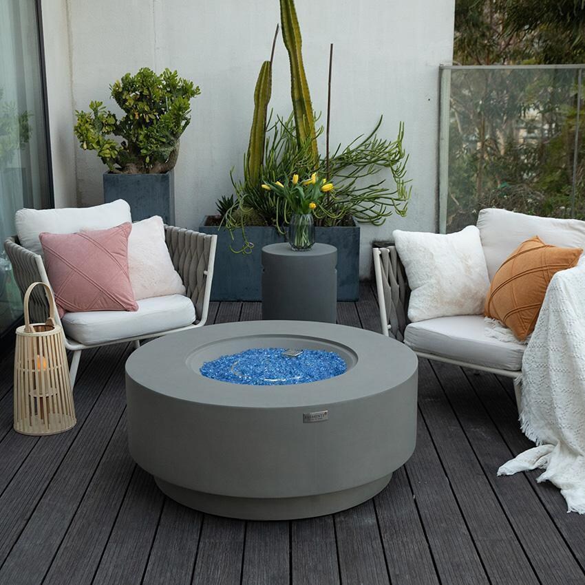Colosseo OFG414LG-NG 41 Inch Round Concrete Natural Gas Fire Pit Table in Gray By Elementi - Back Patio - Uncovered - Off - Lifestyle thumbnail