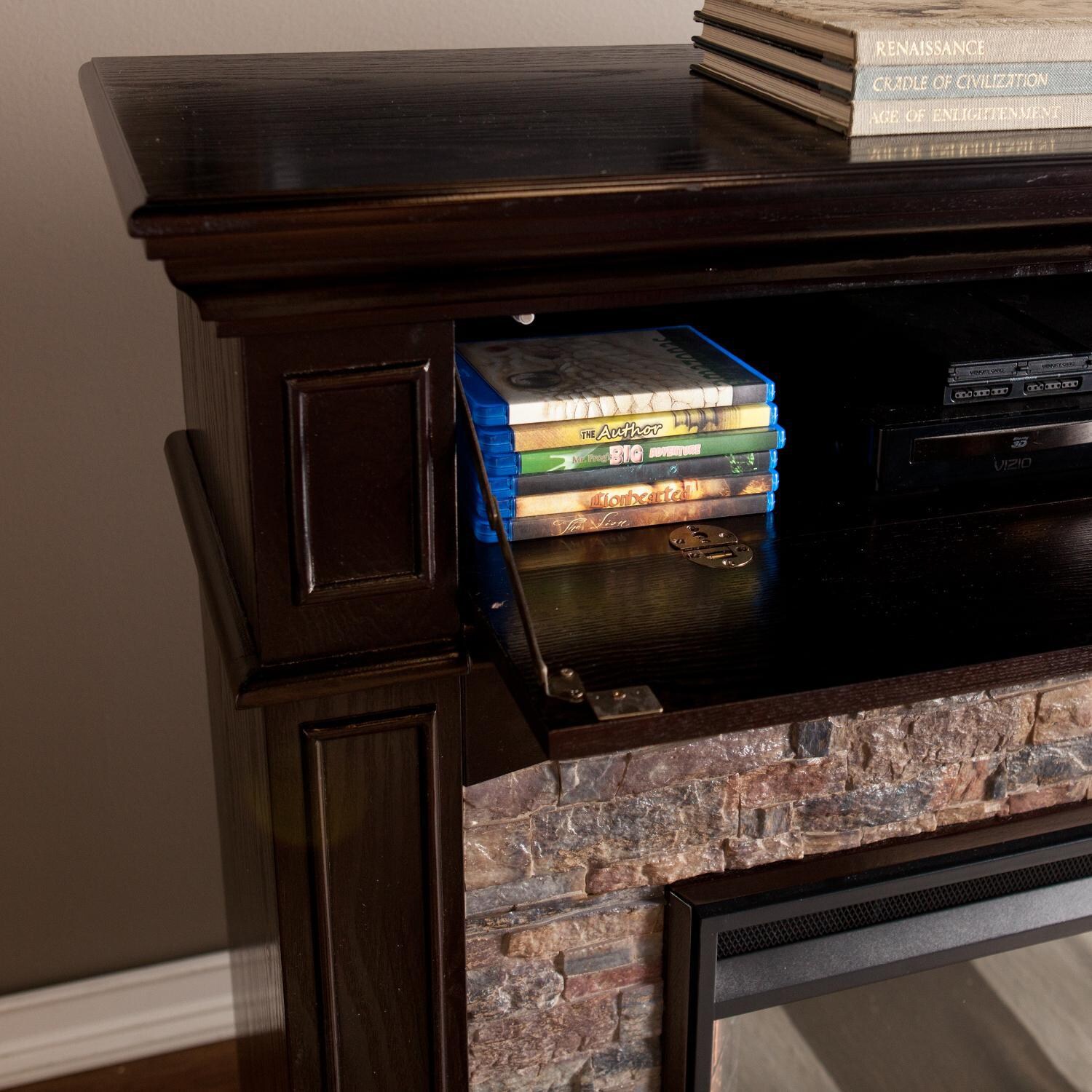 Southern Enterprises Grantham 45-Inch Corner Convertible Electric Fireplace Mantel - Ebony W/ Black River Faux Stone - FE9359 - Media Shelf Detail thumbnail