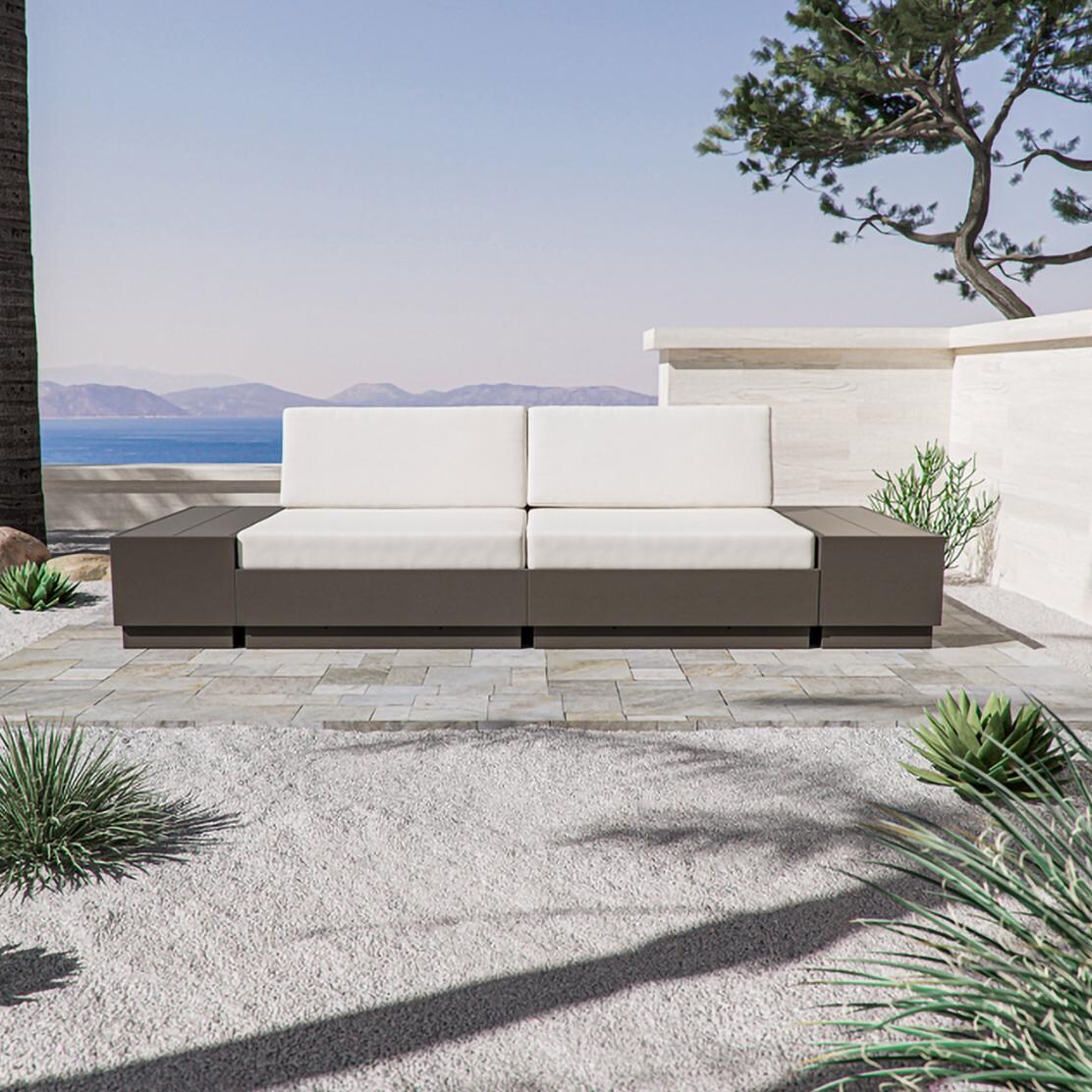 PW Designer Series PWS843-2-VWH145982 Elevate 6 Pc Recycled Plastic Loveseat Sectional Seating Set in Vintage White/Weathered Tweed - On the Patio (Shown in Vintage Coffee/Dune Burlap) - Lifestyle thumbnail