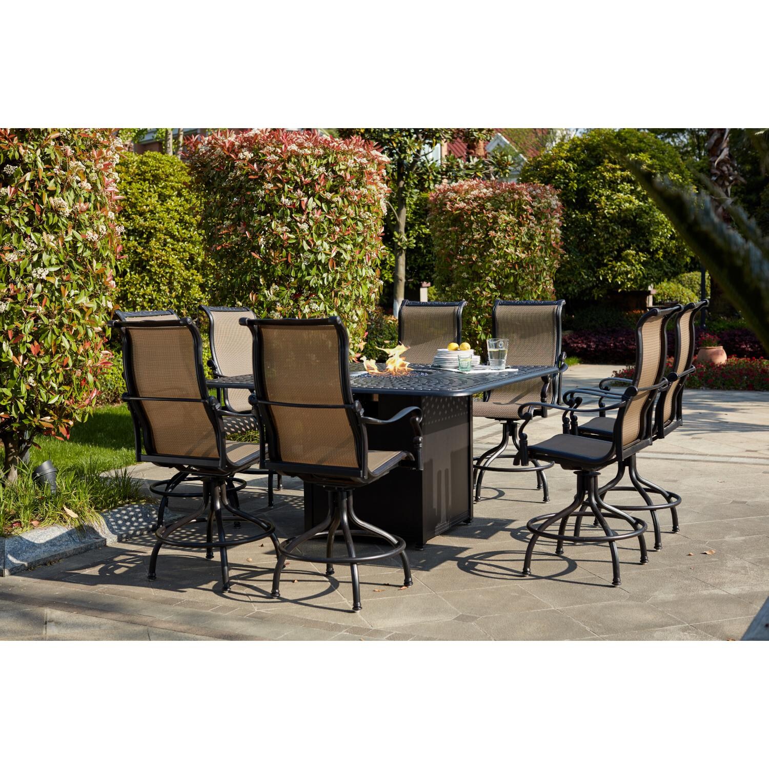 Darlee 301110-9PC-60GHW Monterey 9 Piece Cast Aluminum Sling Patio Counter Height Fire Pit Bar Set W/ 64 Inch Square Table - Life Style thumbnail