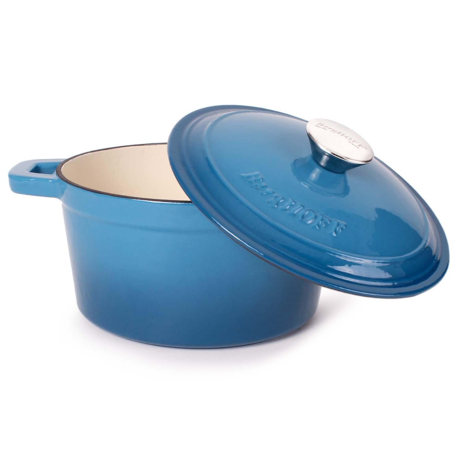 BergHOFF 8-in Neo Cast Iron 3 Qt. Round Dutch Oven w/ Lid - Blue - Lid Propped - White Background thumbnail
