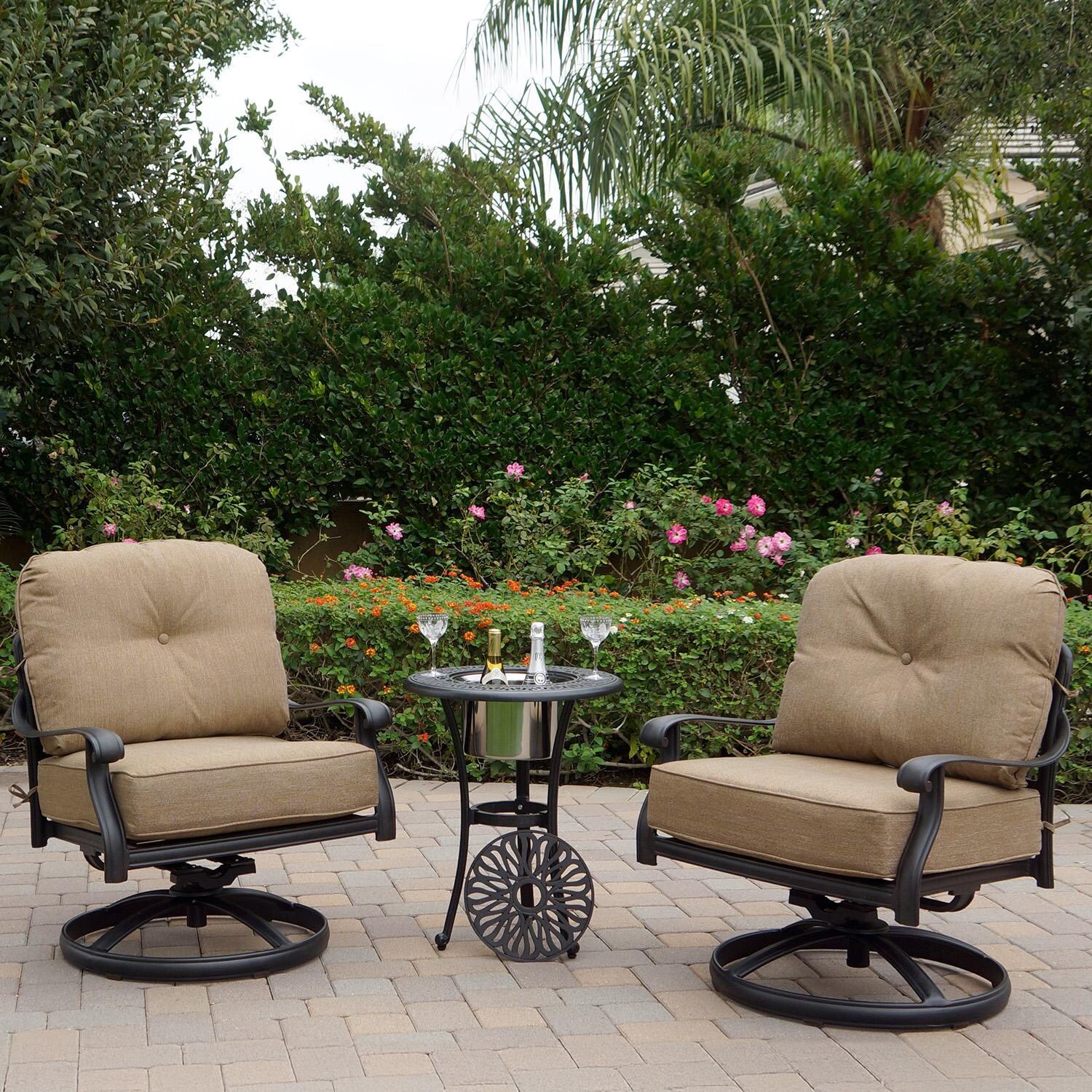 Elisabeth 3 Pc Cast Aluminum Seating Set w/ Ice Bucket End Table in Antique Bronze by Darlee - Lifestyle thumbnail