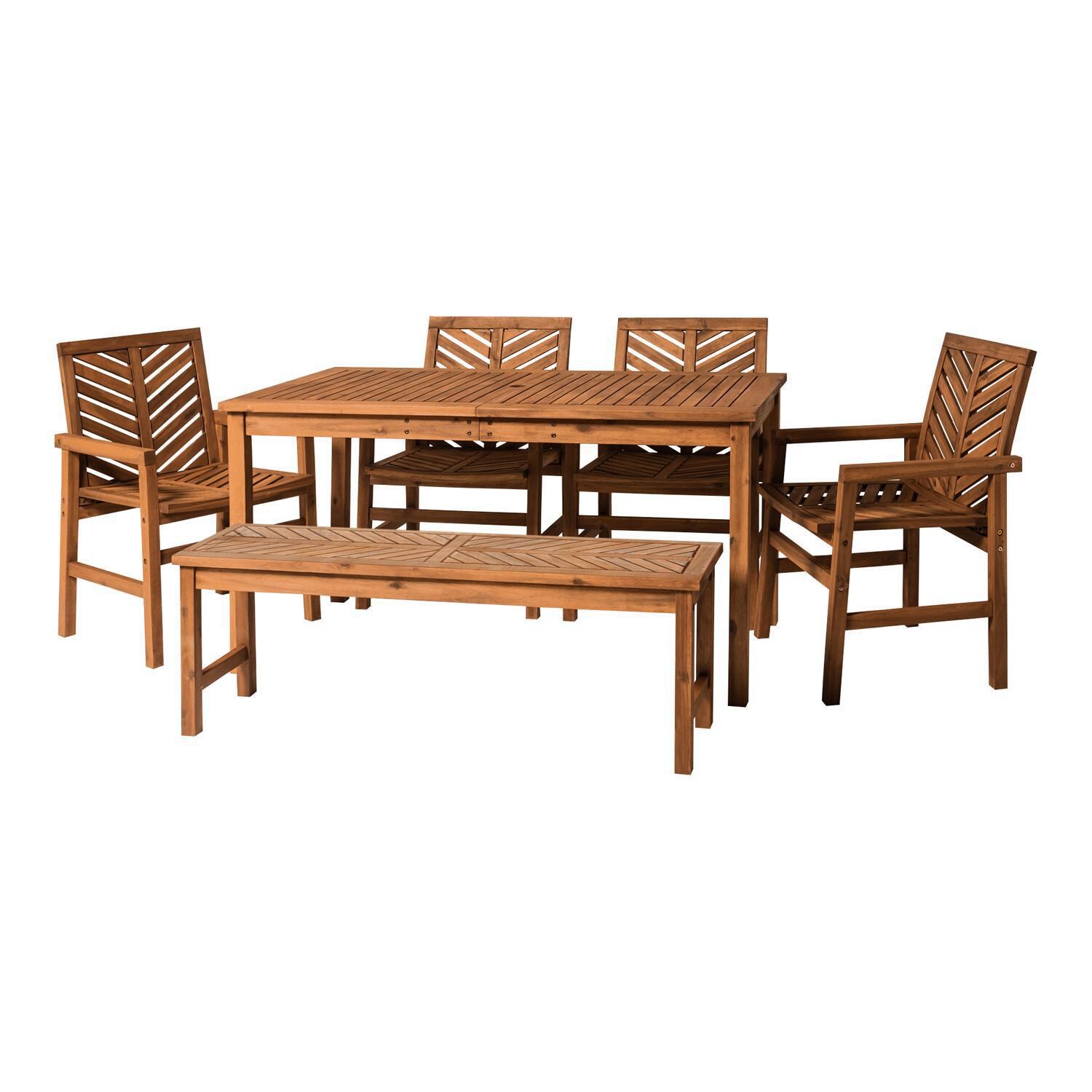Ultimate Patio Wishlake 6 Piece Acacia Patio Dining Set W/ 60 X 32 Inch Rectangular Table - Brown - Angled View thumbnail