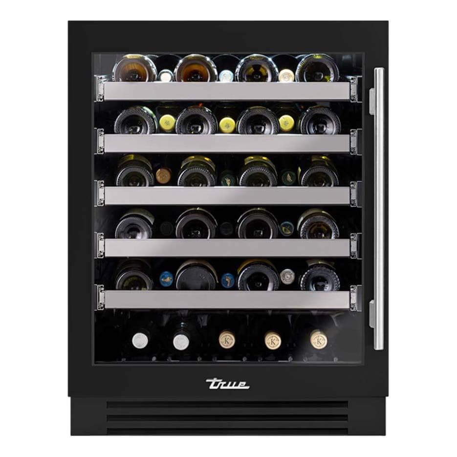 True TUWADA-24-LG-A~027-H04 ADA Height 24 Inch 40 Bottle Left Hinge Glass Door Outdoor Wine Cabinet - Matte Black w/ Stainless Steel Handle - White Background thumbnail