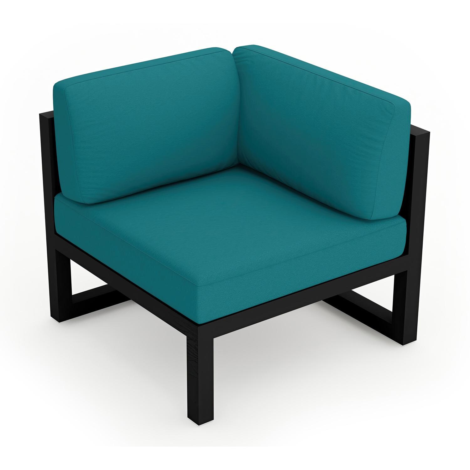 Lakeview MSTYCV-BK-CS-PC Misty Cove Aluminum Corner Club Chair in Black w/Spectrum Peacock Cushions by Lakeview Outdoor Designs - Angled Front - White Background thumbnail