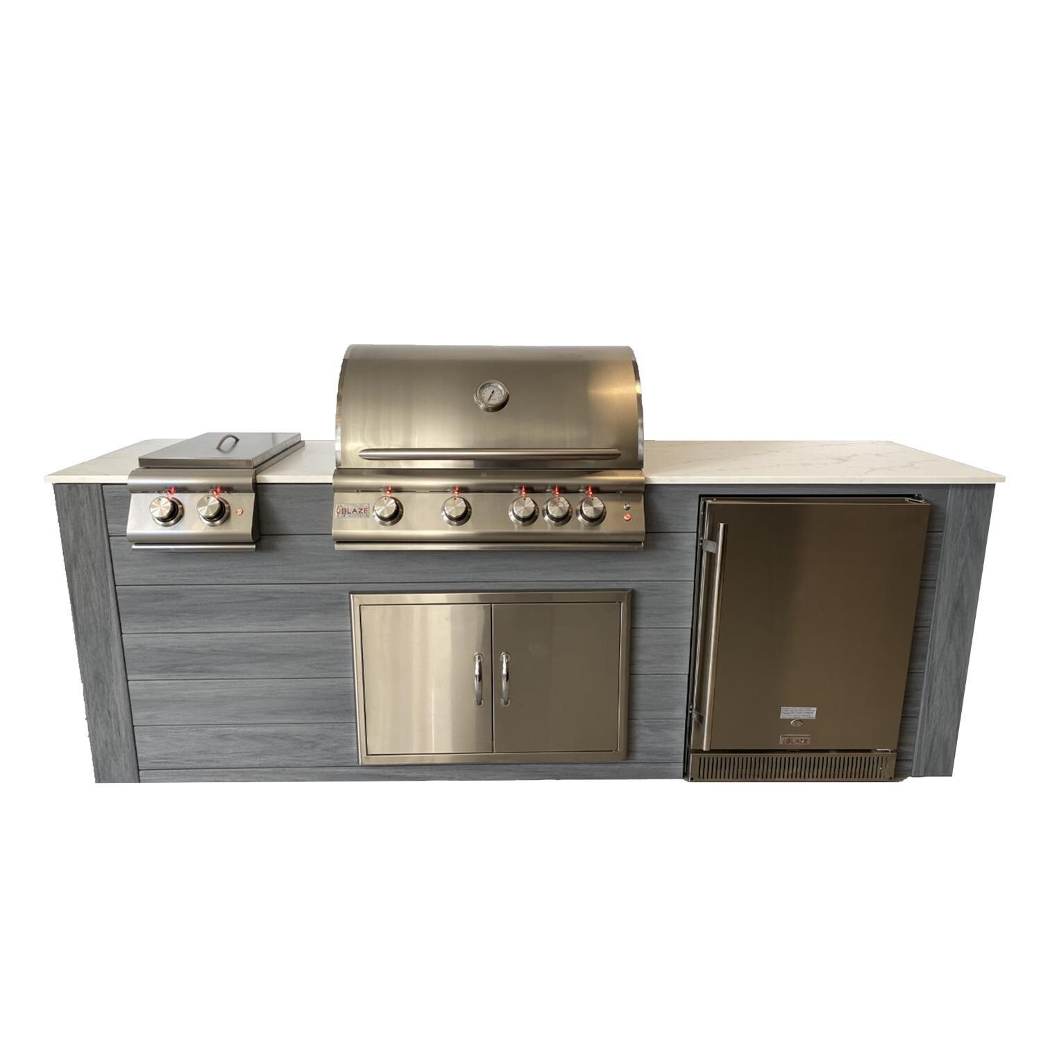 Pro-Fit 8-Foot Outdoor Kitchen Island W/ Blaze Premium LTE 32-Inch Propane Gas Grill, Double Side Burner & Refrigerator - Driftwood Grey / Bianco Giulia A Satin image