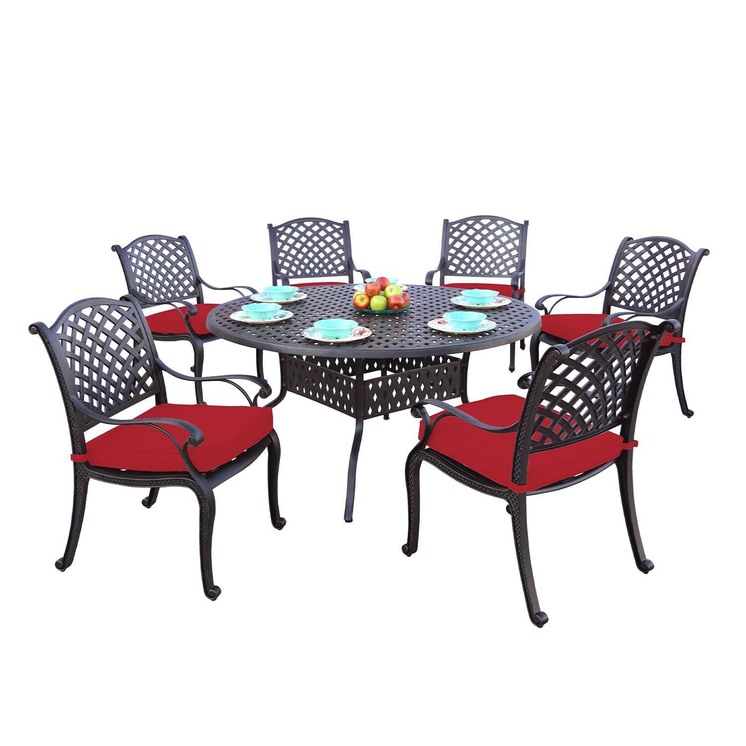 Nassau 7 Pc Cast Aluminum Dining Set w/ 60 Inch Round Series 30 Table in Antique Bronze/Red by Darlee