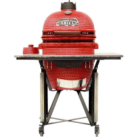 Gourmet Guru Ceramic Kamado Grill On Cypress Wood & Steel Rolling Cart