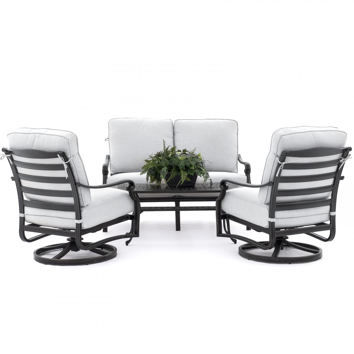 Du Monde 4 Piece Cast Aluminum Outdoor Conversation Set W/ 42 X 21 Inch Coffee Table, Loveseat, Swivel Rocker Club Chairs & Cast Silver Cushions thumbnail
