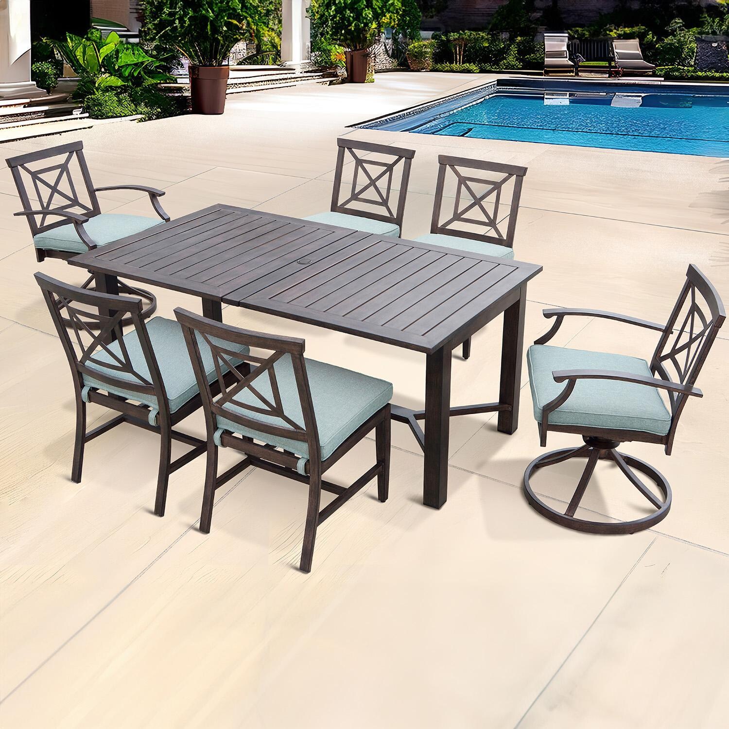 Atlantis 9 Pc Aluminum Dining Set w/ 91 Inch Table, Swivel Rockers, and Spa Cushions in Walnut By Darlee - Table Not Extended - Lifestyle thumbnail