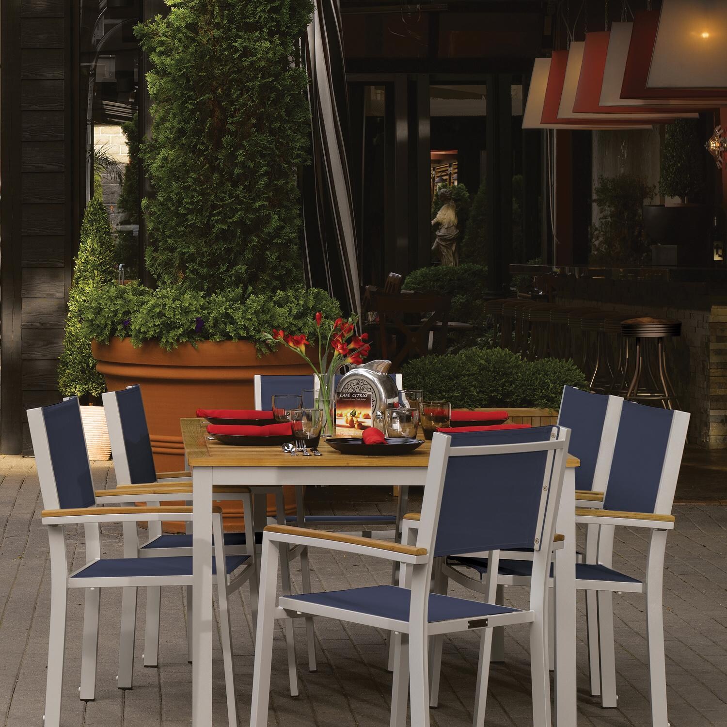 Oxford Garden Travira 2 Pc Composite Sling & Aluminum Dining Chair W/ Natural Tekwood Arm Caps in Flint/Ink Pen - Cafe thumbnail