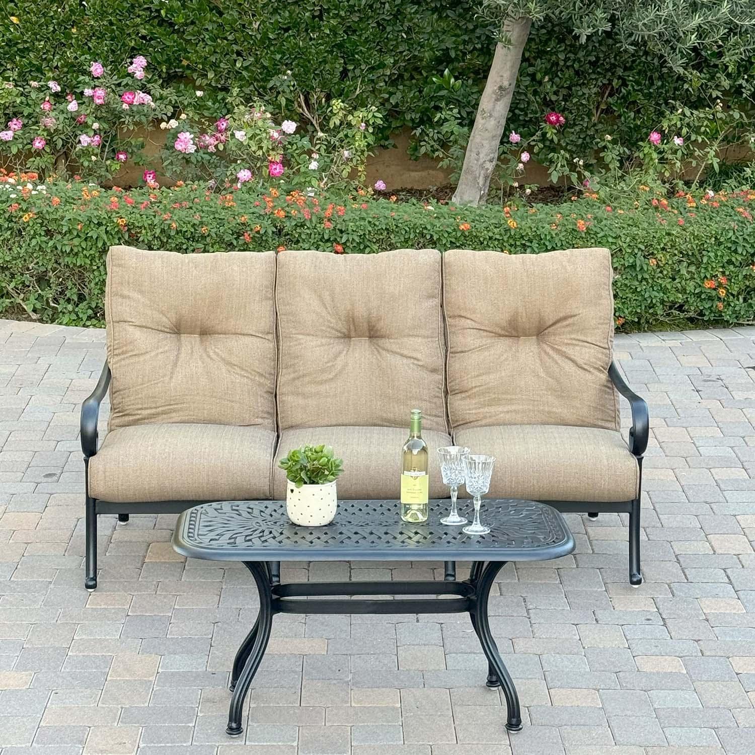 Santa Anita 2 Pc Cast Aluminum Seating Set w/ 42-in Table in Antique Bronze/Heather Beige by Darlee - Lifestyle thumbnail