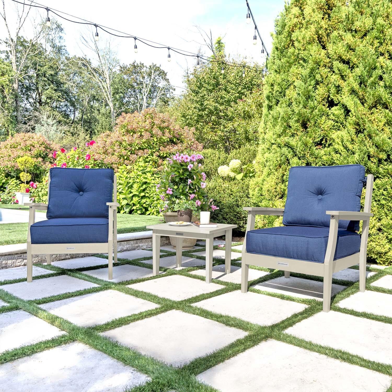 Blushing Bay 3 Pc Recycled Plastic Seating Set in Spectrum Indigo/Whitewash by Lakeview Outdoor Designs - Angled Right - Lifestyle thumbnail
