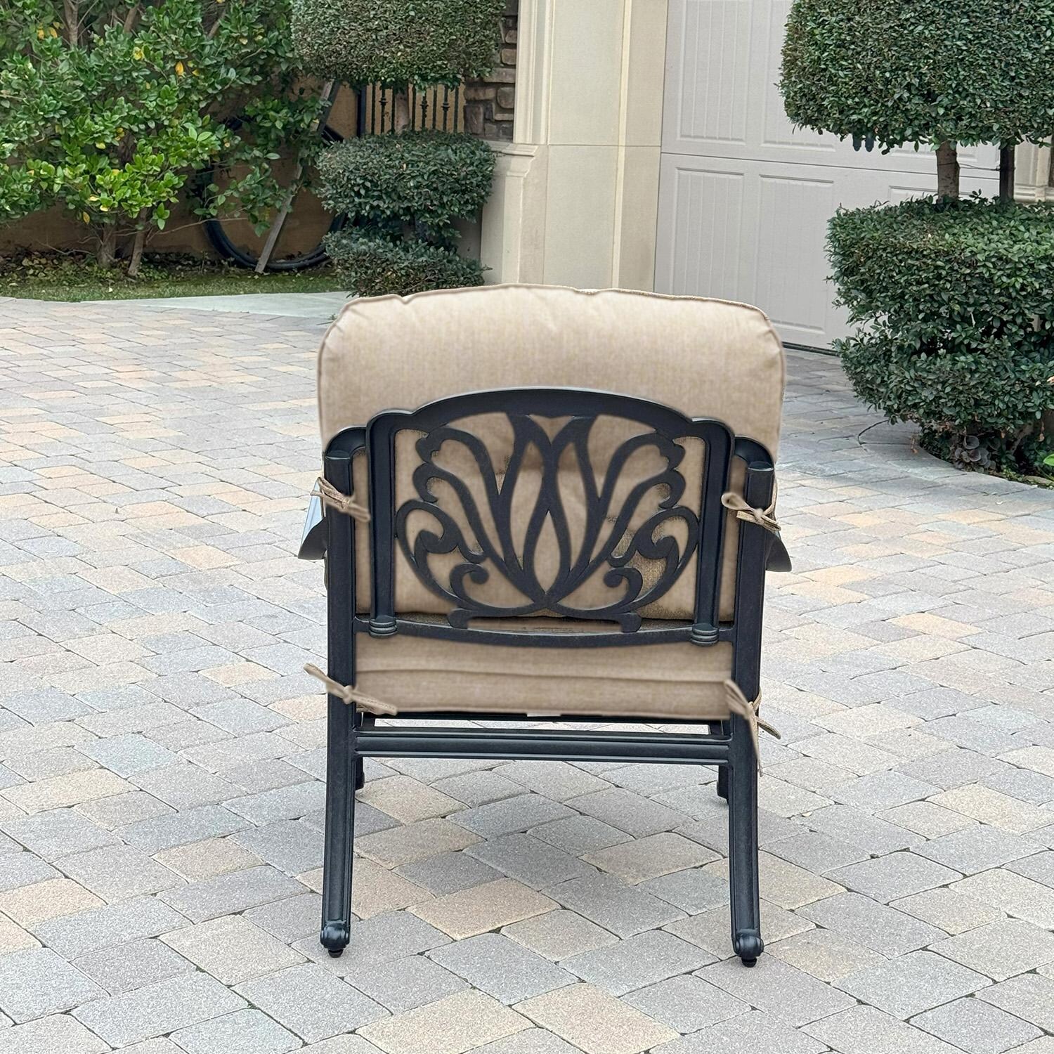 Darlee Elisabeth 6 Pc Cast Aluminum Fire Pit Sofa Seating Set w/ 47 Inch Table & Throw Pillows in Antique Bronze/Beige - Chair Back - Lifestyle thumbnail