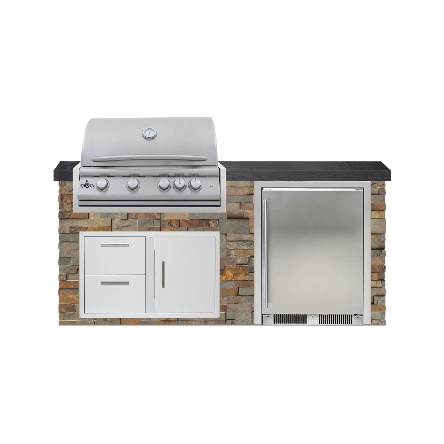 BBQGuys Signature 6 Ft Outdoor Kitchen Island w/ 32 Inch Natural Gas Blaze LTE+ Grill & Refrigerator | Gold Rush w/ Black Granite