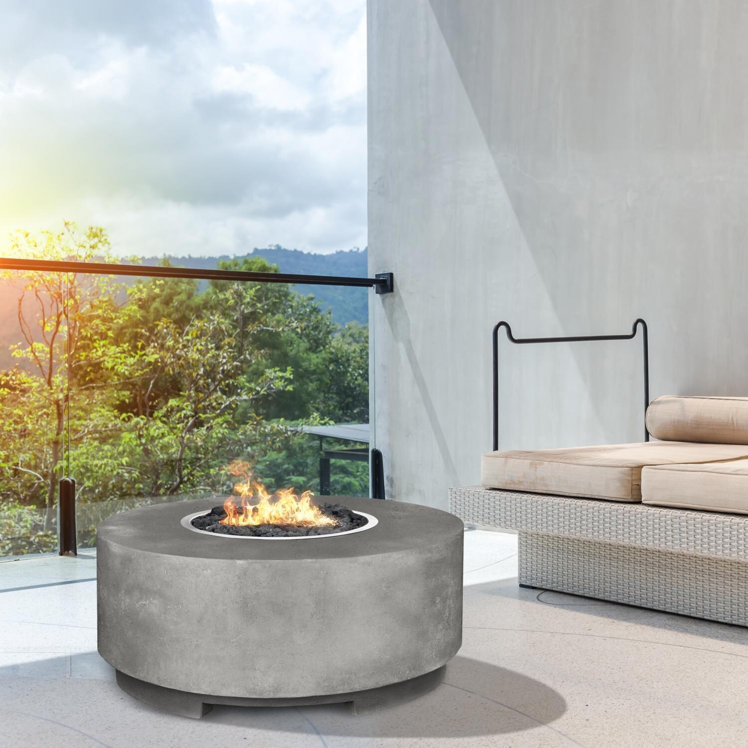 Prism Hardscapes SCPH-418-1NG Rontondo Fire Bowl - Natural Gas - Cafe - On the Balcony (Shown in Pewter) - Lifestyle thumbnail
