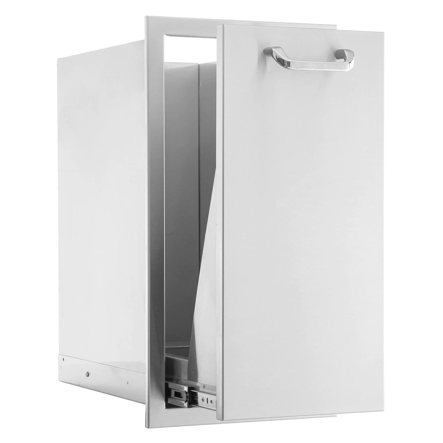 BBQGuys Signature 13-in Contempo/Traditional Stainless Steel Narrow Roll-Out Trash Bin - Drawer Open - White Background