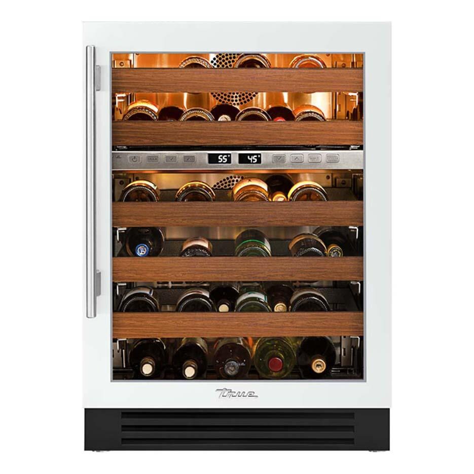 True TWC-24DZ-R-OG-C~DSK-030-H04 24 Inch 45 Bottle Right Hinge Glass Door Outdoor Dual Zone Wine Cabinet - Matte White w/ Stainless Steel Handle - White Background thumbnail