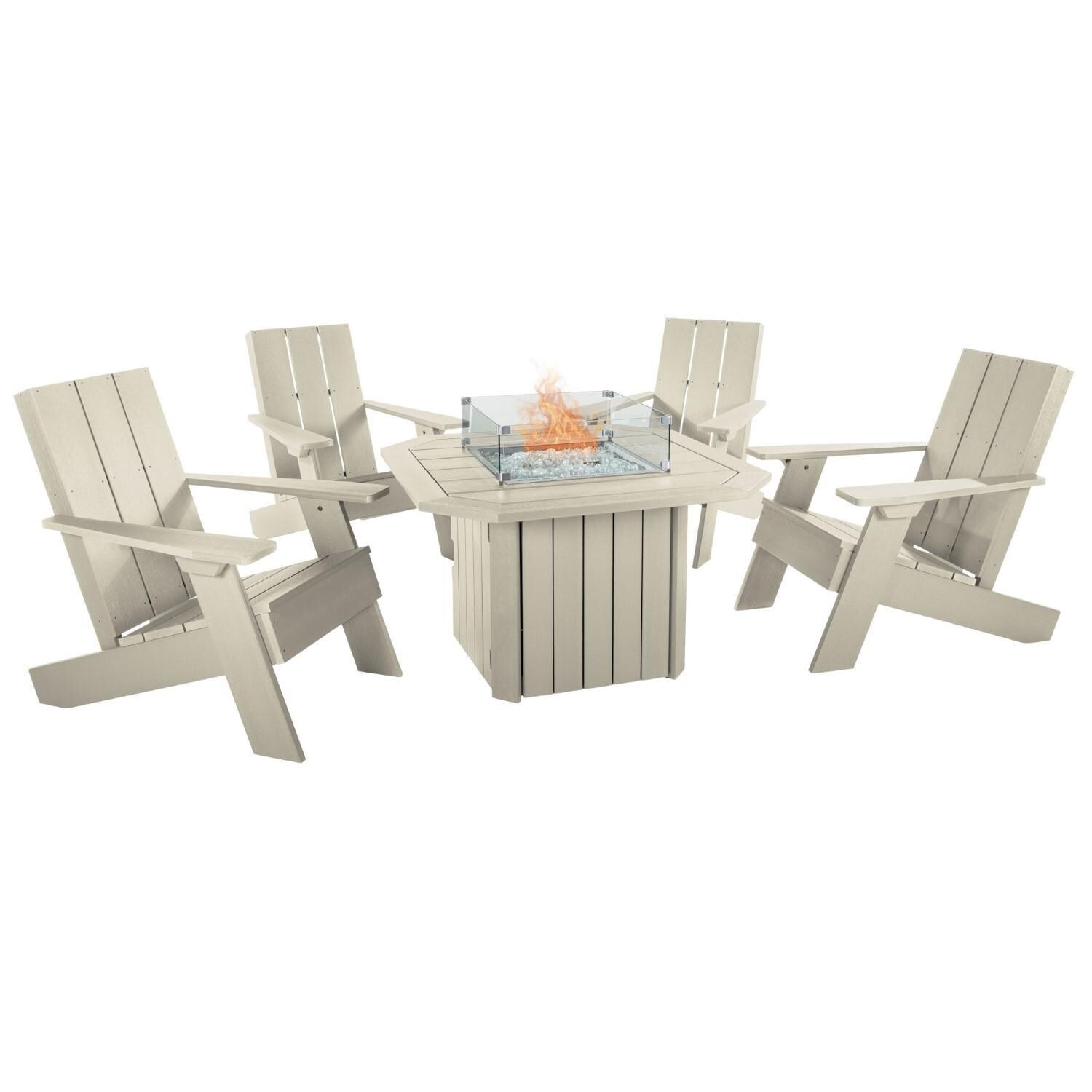 Harborview 5 Pc Adirondack Set W/ Fire Pit Table in Whitewash by Lakeview Outdoor Designs - White Background thumbnail