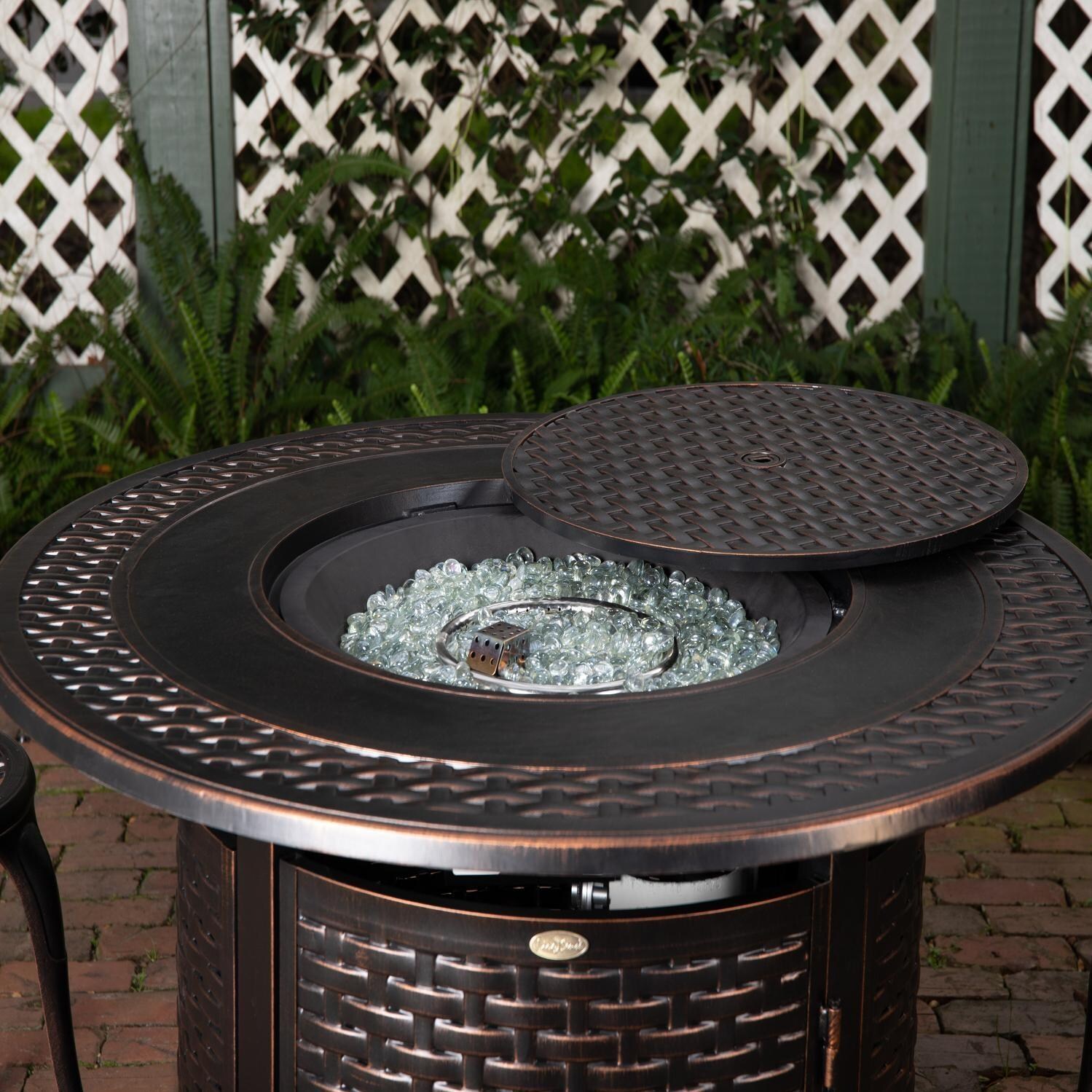 Ultimate Patio Welcome View 50,000 BTU Propane Round Fire Pit Table - Woven Cast Aluminum - Lid Open - Detail thumbnail