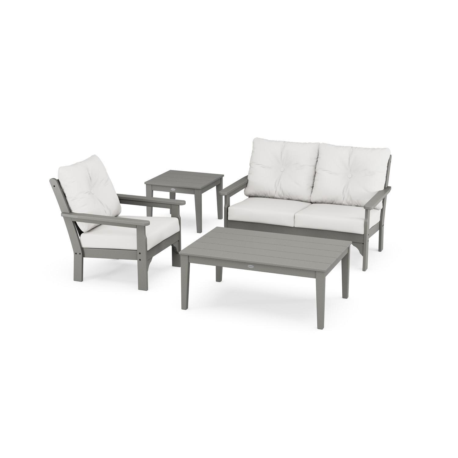 Vineyard 4 Pc Recycled Plastic Seating Set w/ Smaller Tables in Slate Gray/Natural Linen by POLYWOOD