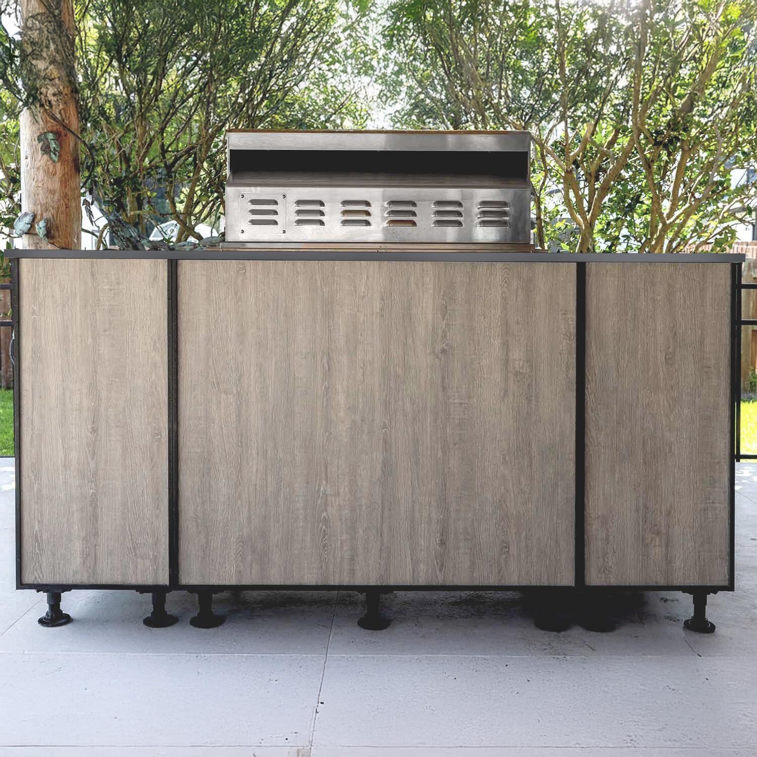 BBQGuys Signature Beech 6 Ft Outdoor Kitchen Island w/ Blaze Propane Grill in Riverside Oak/Lunar Grey - Back - Lifestyle thumbnail