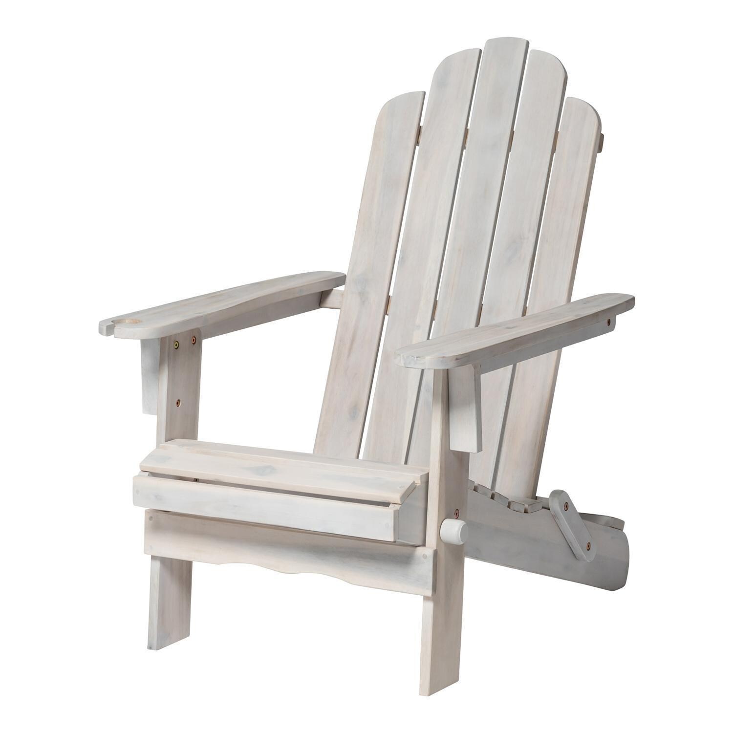Ultimate Patio Folding Acacia Patio Adirondack Chair W/ Wine Glass Holder - White Wash - Right Side Angled View thumbnail