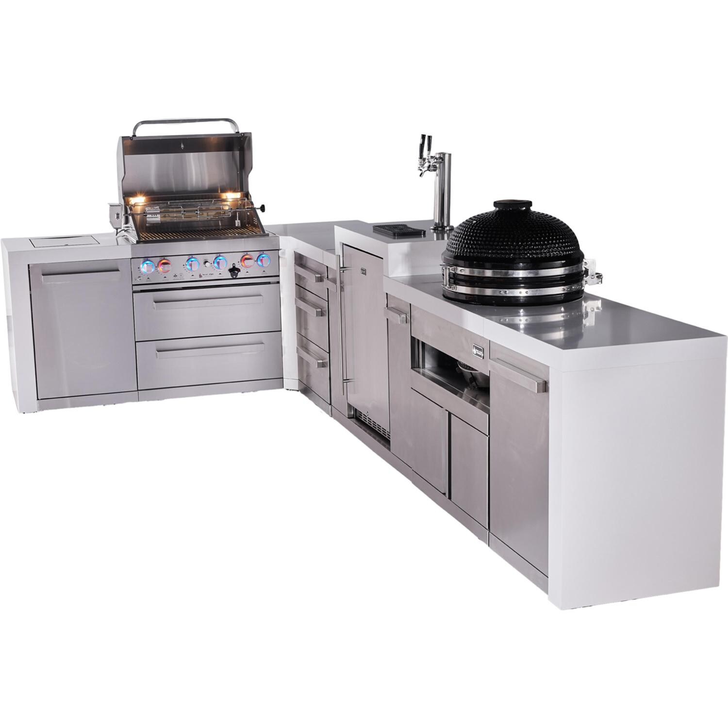 Mont Alpi Deluxe Series 13 Ft Propane Outdoor Kitchen Island w/ 32-in Grill, Side Burner, Kegerator, Kamado Module & Triple Drawer - MAi400-D90KEGKAMDR - Grill Open - White Background thumbnail