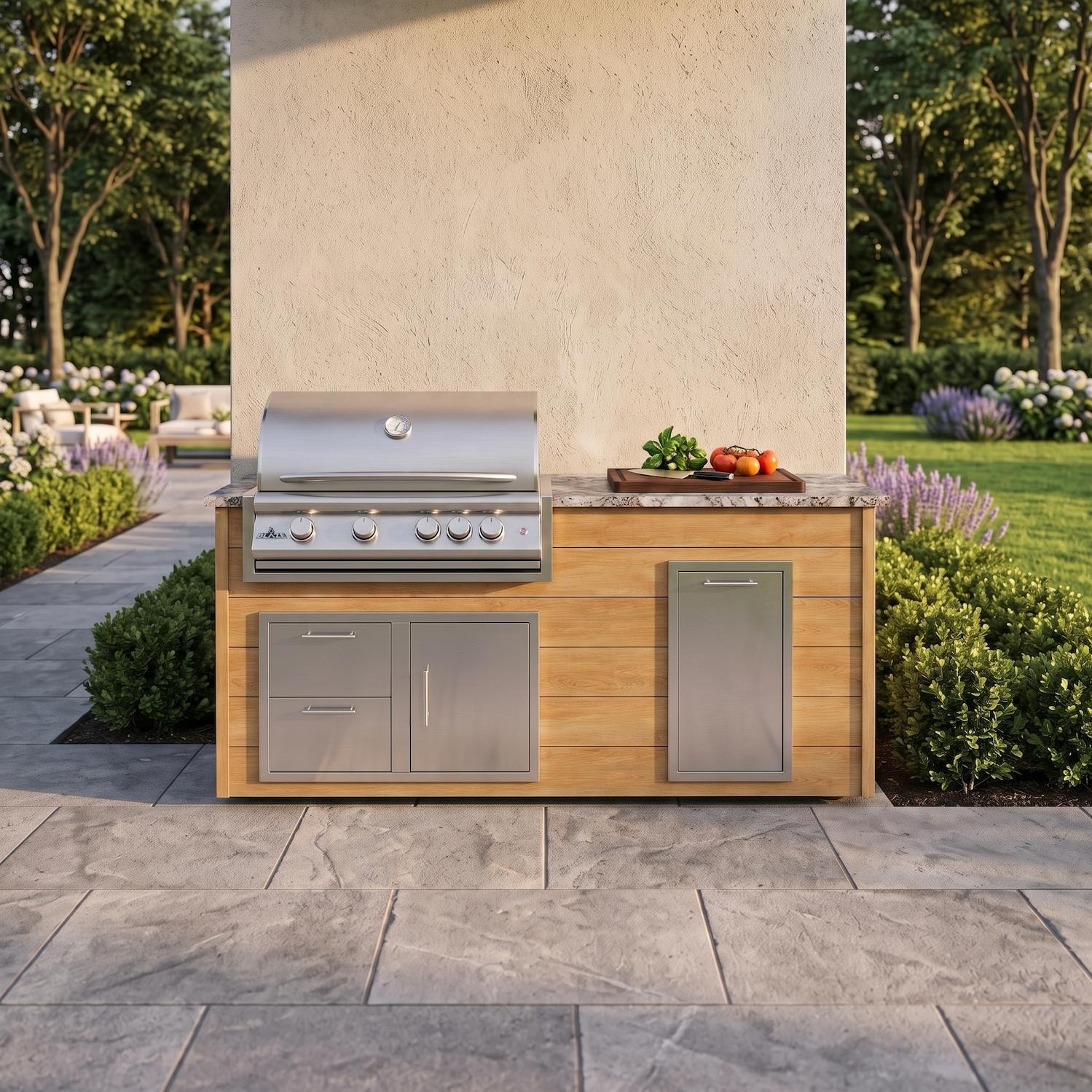 BBQGuys Signature 6 Ft Grill Island w/ 32 Inch Propane Blaze Premium LTE+ Grill, Narrow Trash Bin & Door & Drawer | Sun Bleached Oak w/ White Granite - Front - Lifestyle thumbnail