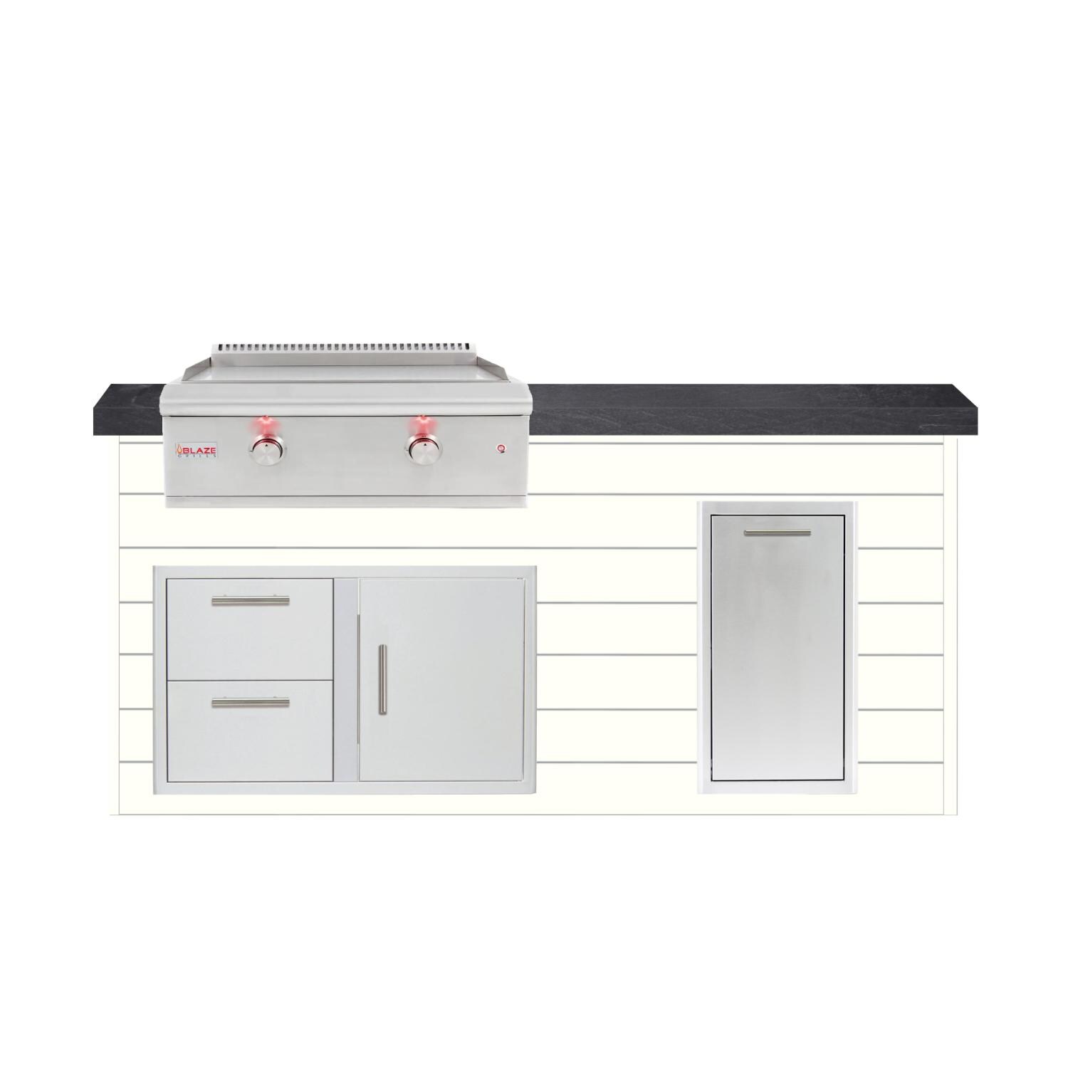 BBQGuys Signature 6ft Luxury Outdoor Island W/ Blaze Premium LTE 30-Inch Natural Gas Griddle - Canvas White Steel W/ Black Polished Granite