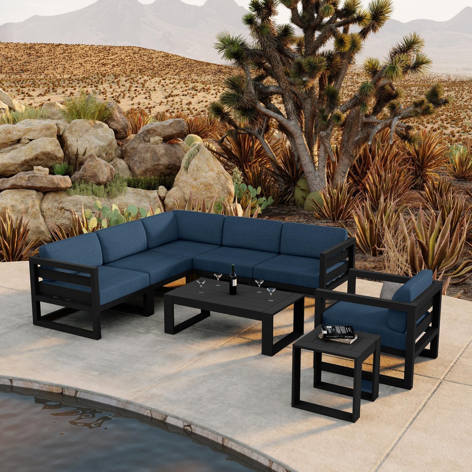 Lakeview MSTYCV-BK-8SEC-IN Misty Cove 8 Pc Aluminum Sectional Set in Black w/Coffee Table & Spectrum Indigo Cushions by Lakeview Outdoor Designs - Set by the Pool - Lifestyle thumbnail