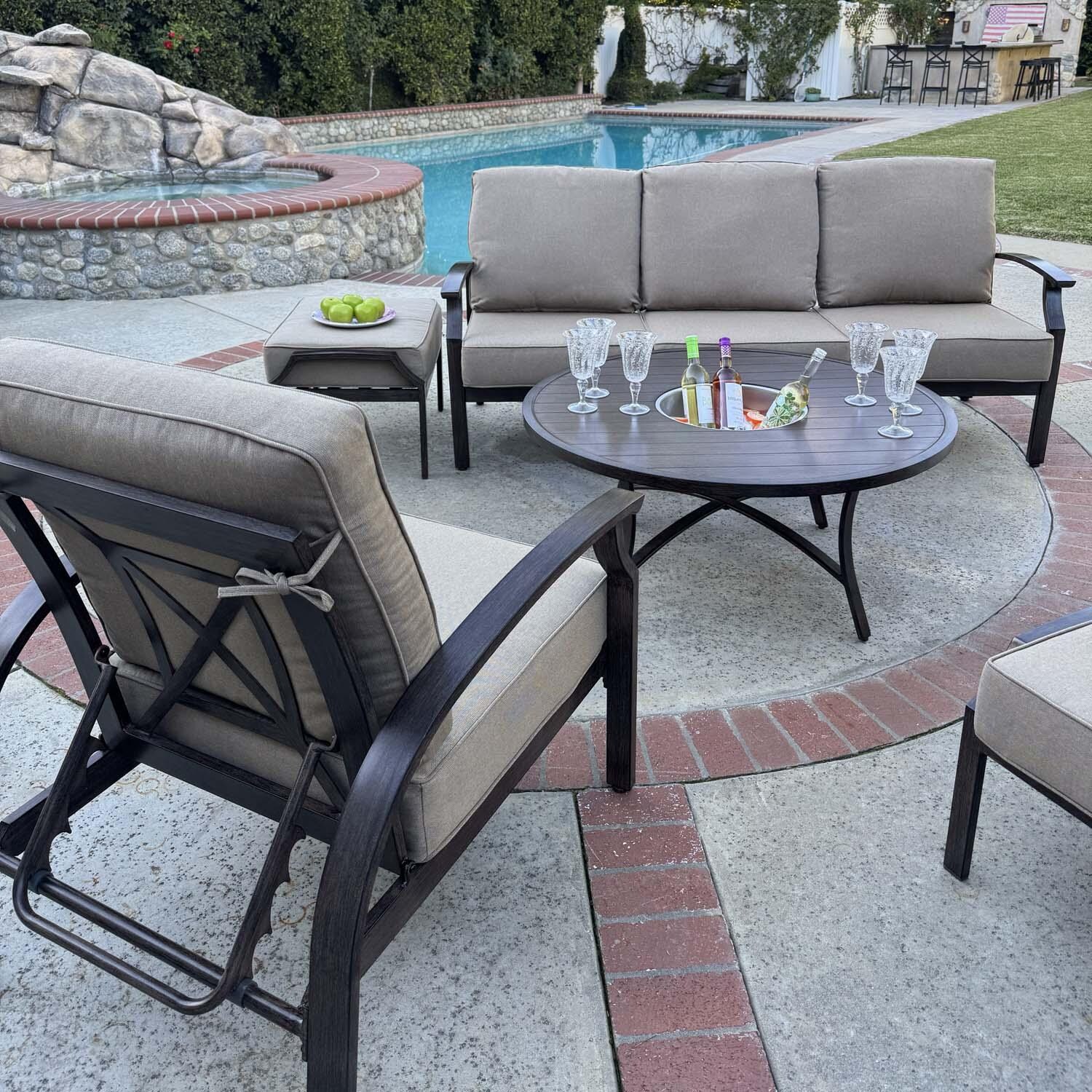 Atlantis 6 Pc Aluminum Seating Set w/ Round Ice Bucket Chat Table in Walnut/Beige by Darlee - Angled - Lifestyle thumbnail