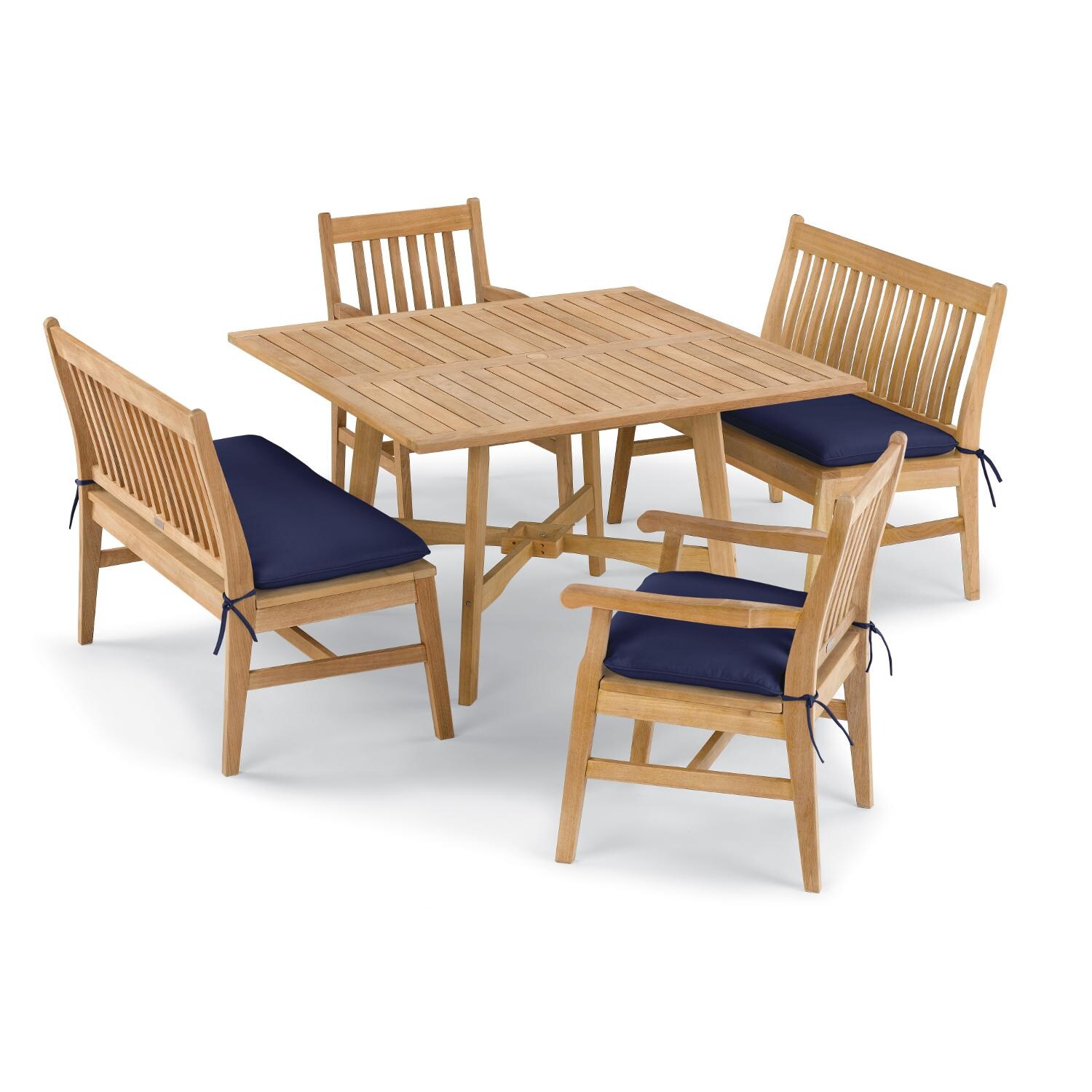 Wexford 5 Piece Natural Shorea Patio Dining Set W/ 48 Inch Square Table, Benches, Dining Arm Chairs & Sunbrella Canvas Navy Blue Cushions By Oxford Garden