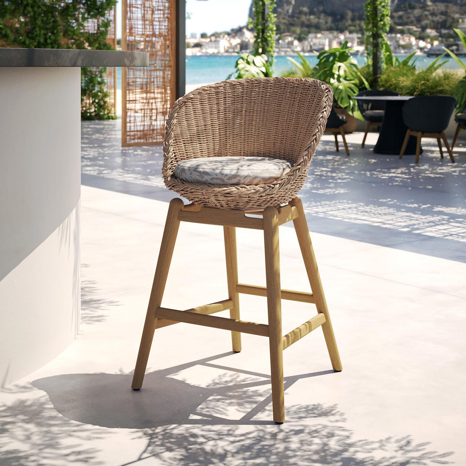 Oxford Garden Tulle Wicker & Natural Teak Bar Stool in Flax/Bliss Linen - Shown in Other Fabric - Lifestyle thumbnail