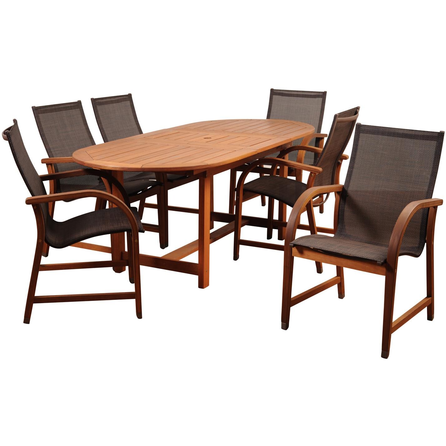 Bahamas 7 Piece Sling Patio Dining Set With 62 X 35 Inch Oval Eucalyptus Extension Table By Amazonia image