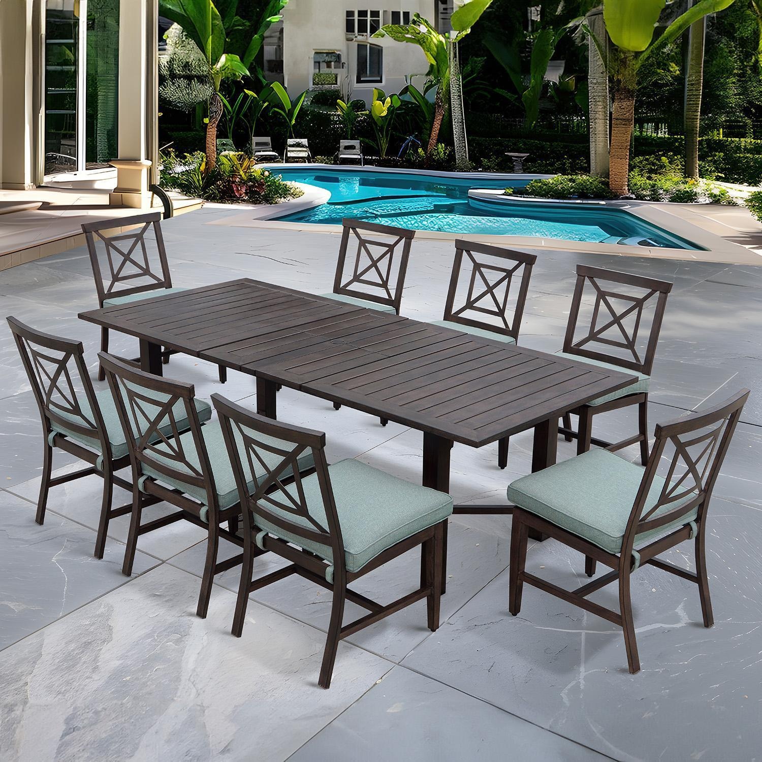 Darlee Atlantis 9 Pc Aluminum Dining Set w/ 71 X 40 Inch Extension Table in Walnut/Spa by - B/2350-9PCS-SE-Spa