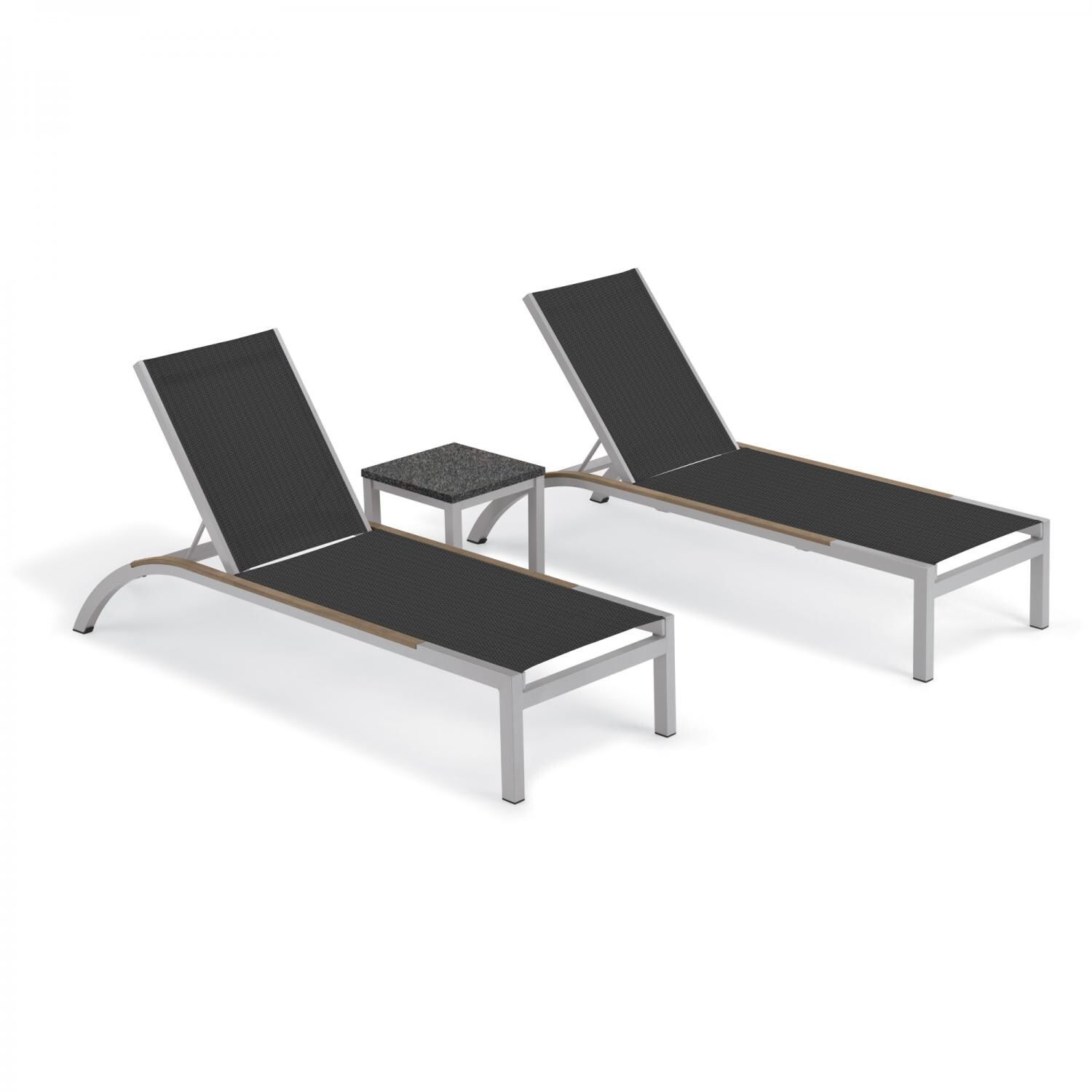 Argento 3 Piece Aluminum Patio Chaise Lounge Set W/ Tekwood Vintage Side Rails & Lite-Core Charcoal End Table By Oxford Garden - Ninja Sling image