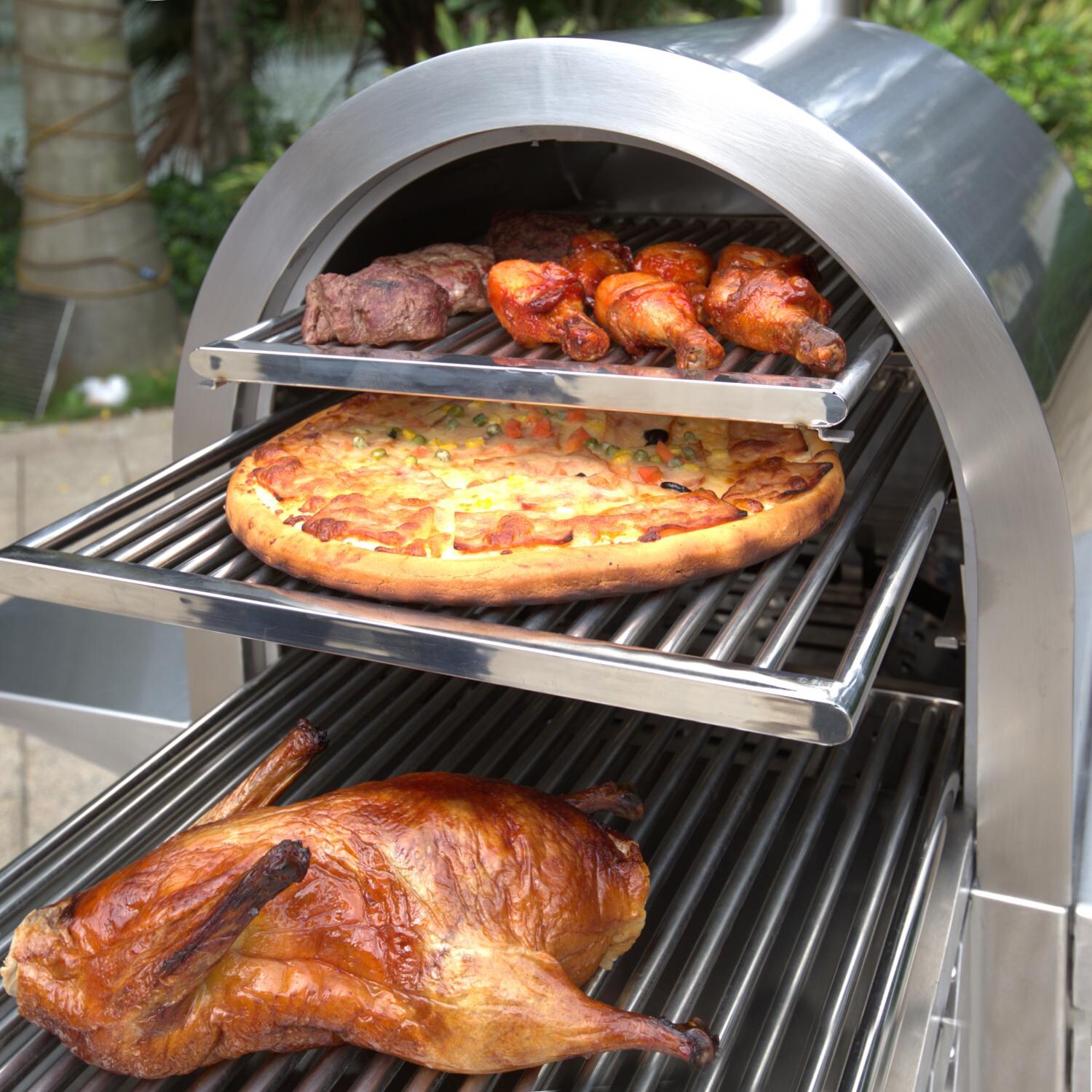 Smoke-N-Hot Stainless Steel Outdoor Pellet Pizza Oven Cooking Center - Shelves With Food thumbnail