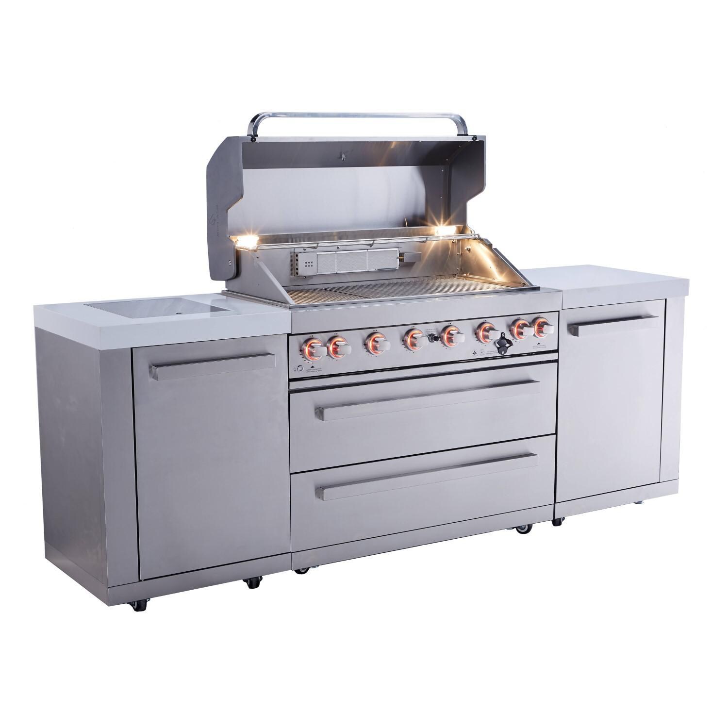 Mont Alpi - MAi805 - Grill Island - Stainless Steel - Open Burners On From Left - White Background thumbnail