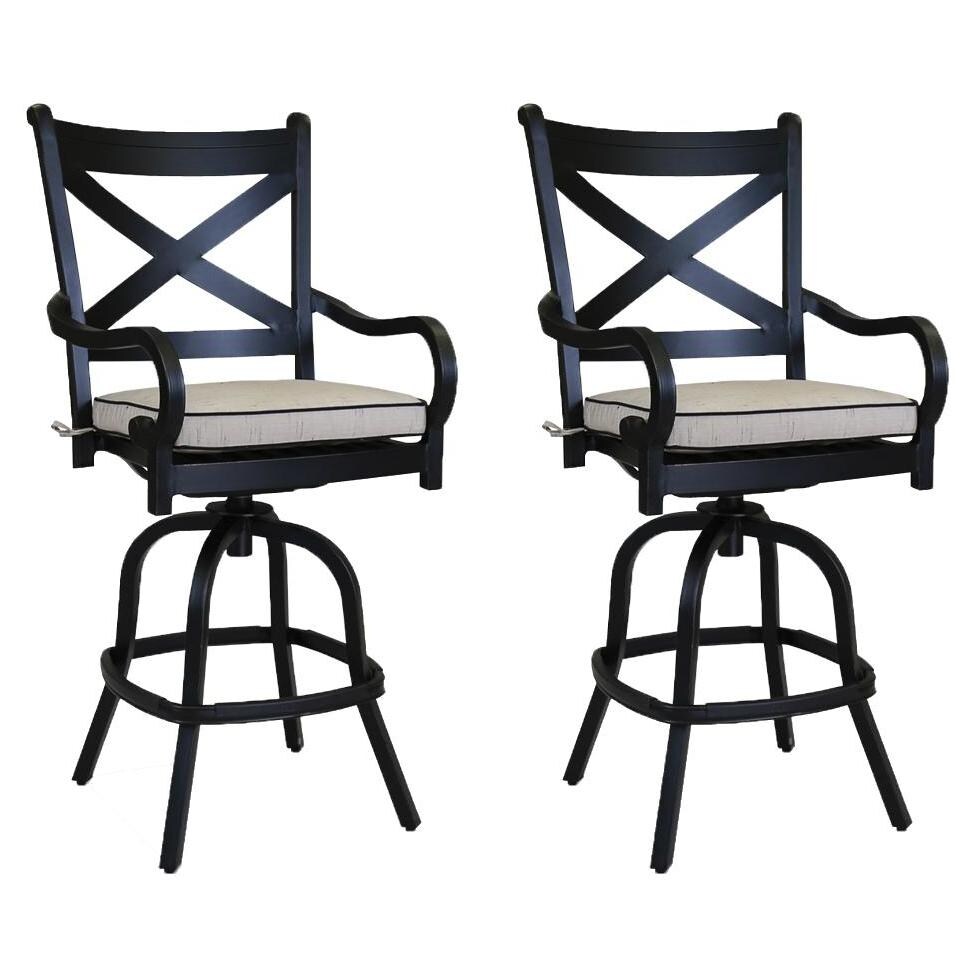 Monterey 2 Piece Aluminum Patio Bar Stool Set W/ Sunbrella Frequency Sand Cushions By Sunset West