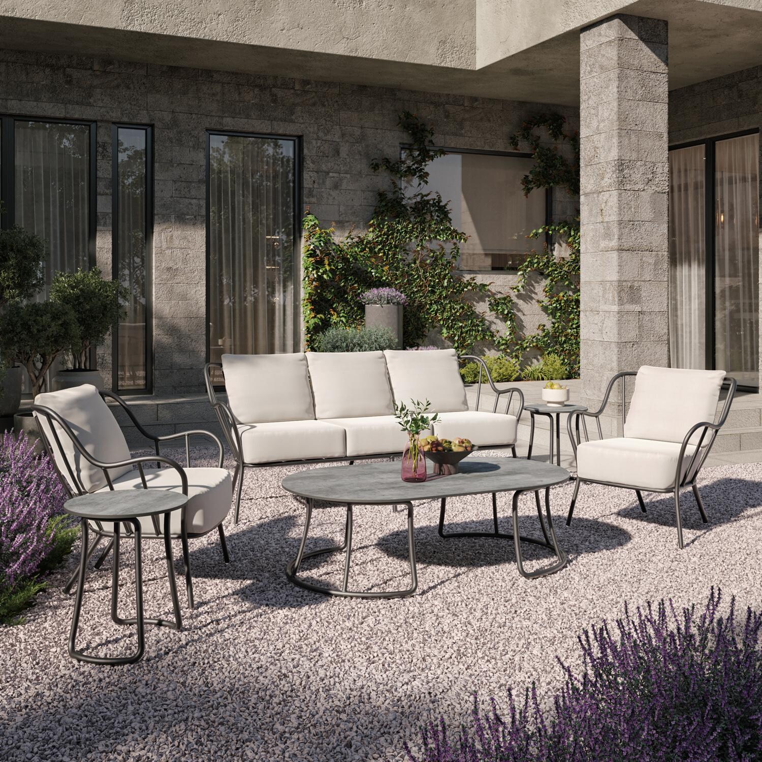 Malti 6 Pc Aluminum Seating Set in Carbon/Bliss Linen by Oxford Garden - Lifestyle thumbnail