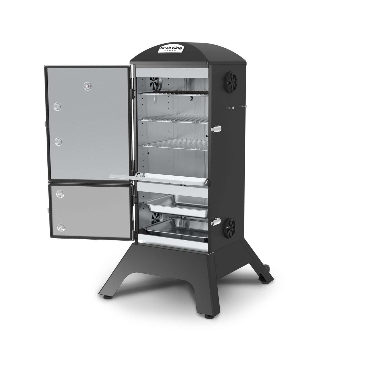 Broil King 28-Inch Smoke Vertical Charcoal Smoker - Angled Left Door Open - White Background thumbnail