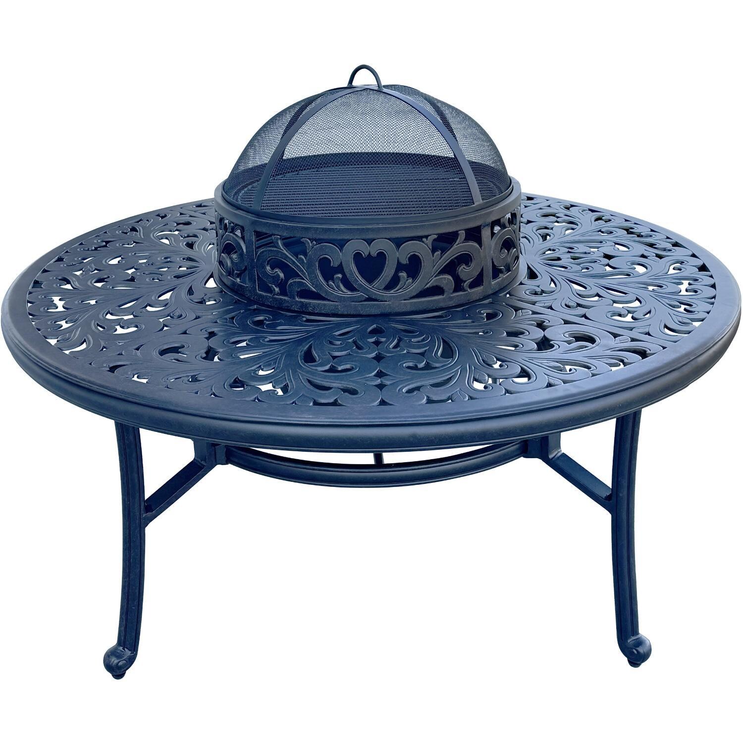 Darlee Elisabeth 5 Pc Cast Aluminum Fire Pit Seating Set w/ 52 Inch Series 80 Table w/ Ice Bucket Insert & Swivel Rockers in Antique Bronze/Beige - Table w/ Cover - White Background thumbnail