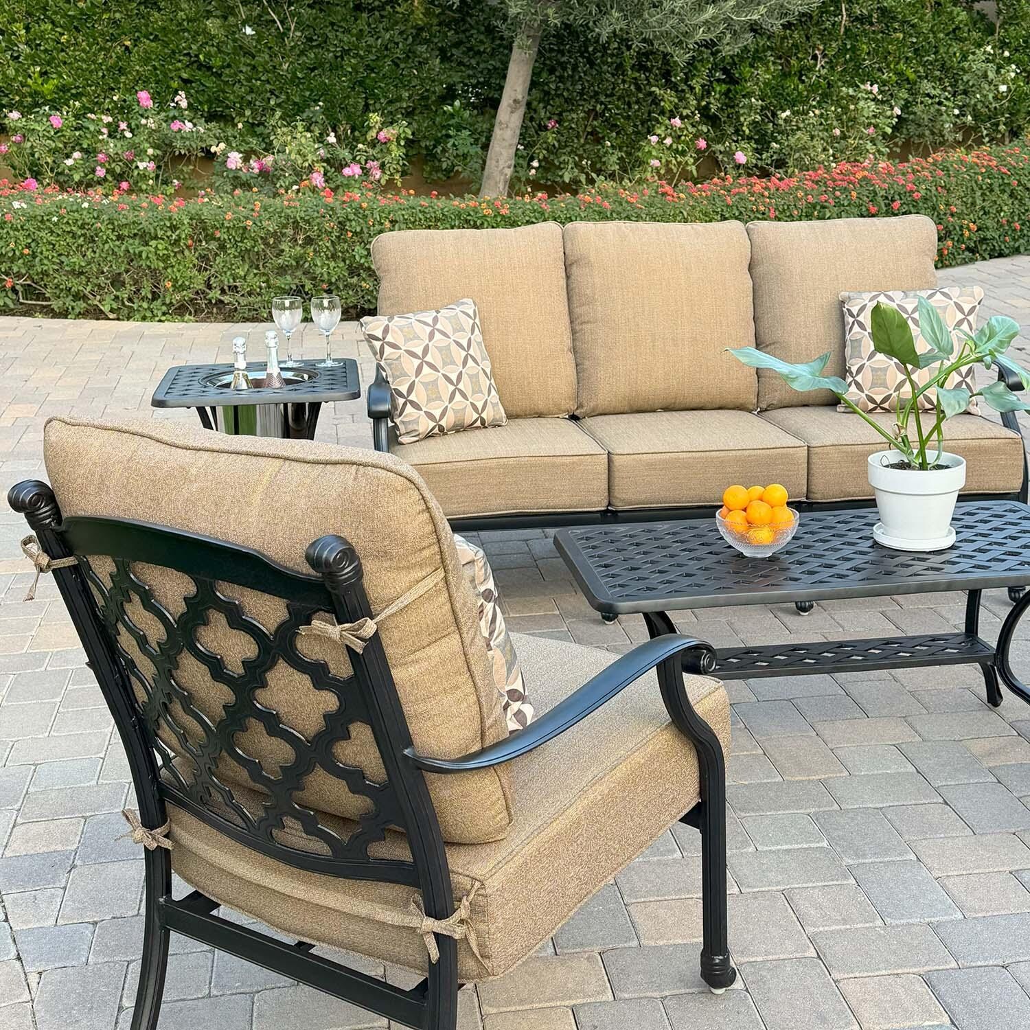 Madison 5 Pc Cast Aluminum Seating Set in Antique Bronze/Sesame by Darlee - Close Up Chair Back - Detail thumbnail