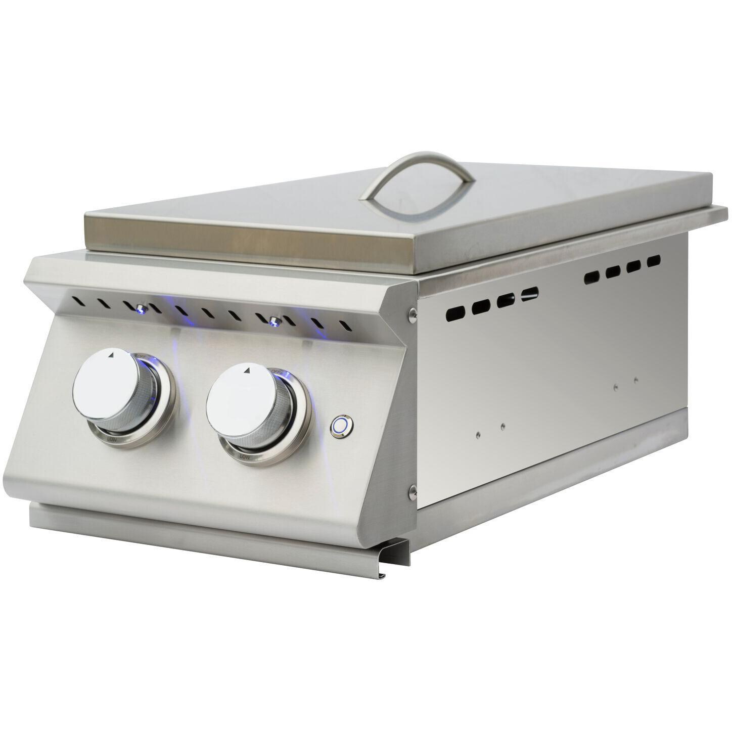 Summerset SIZPRO-SB2-LP Sizzler Pro Propane Double Side Burner - Angled View With Included Stainless Steel Cover thumbnail