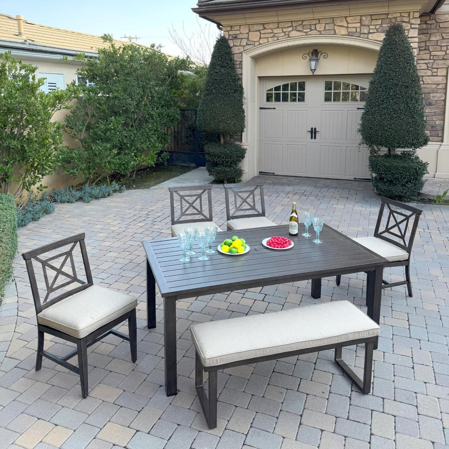 Atlantis 6 Pc Aluminum Dining Set w/ 4 Dining Side Chairs & Two Person Bench in Walnut/Beige by Darlee