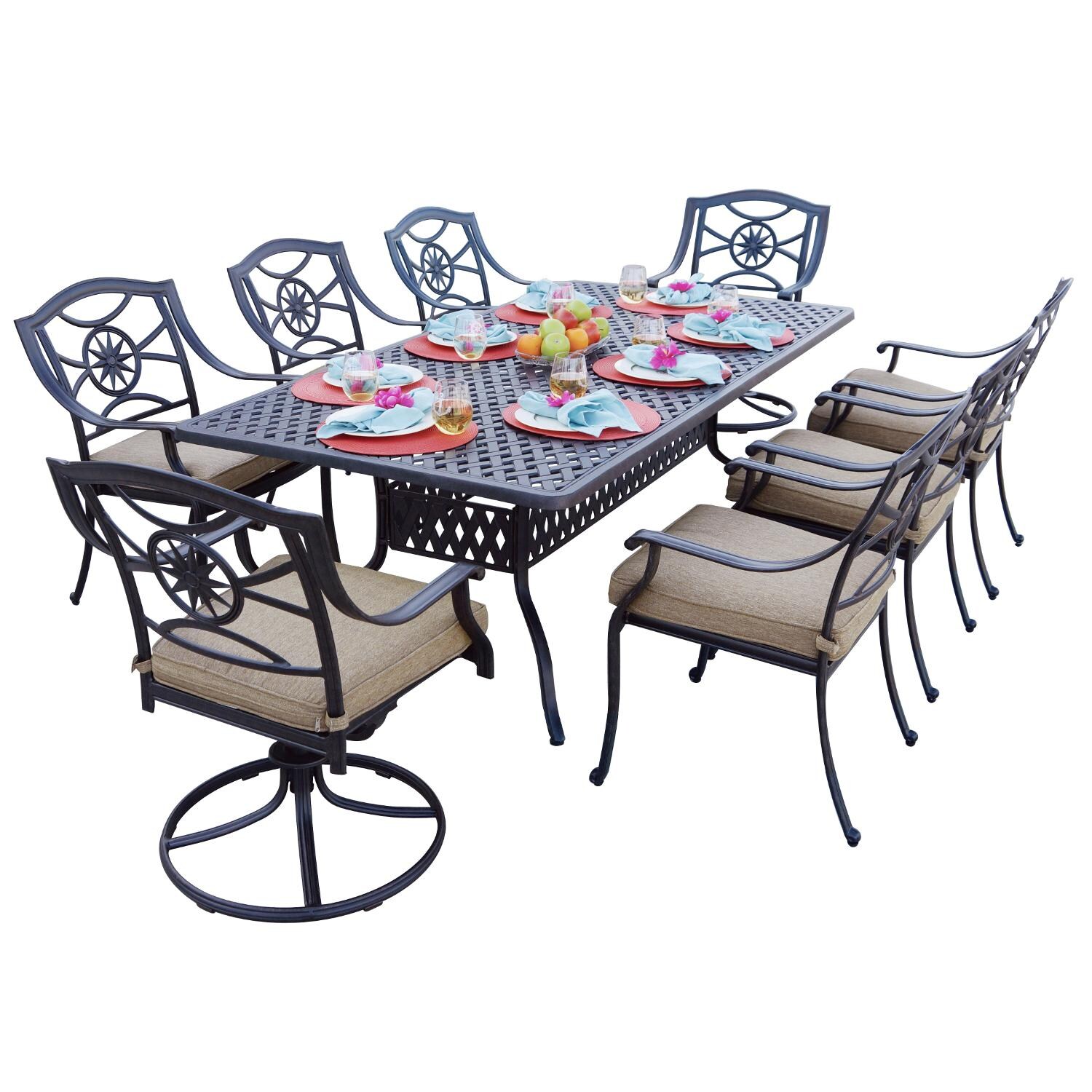 Ten Star 9 Piece Cast Aluminum Patio Dining Set W/ 84 X 42 Inch Table, 2 Swivel Rockers & Sesame Cushions By Darlee thumbnail
