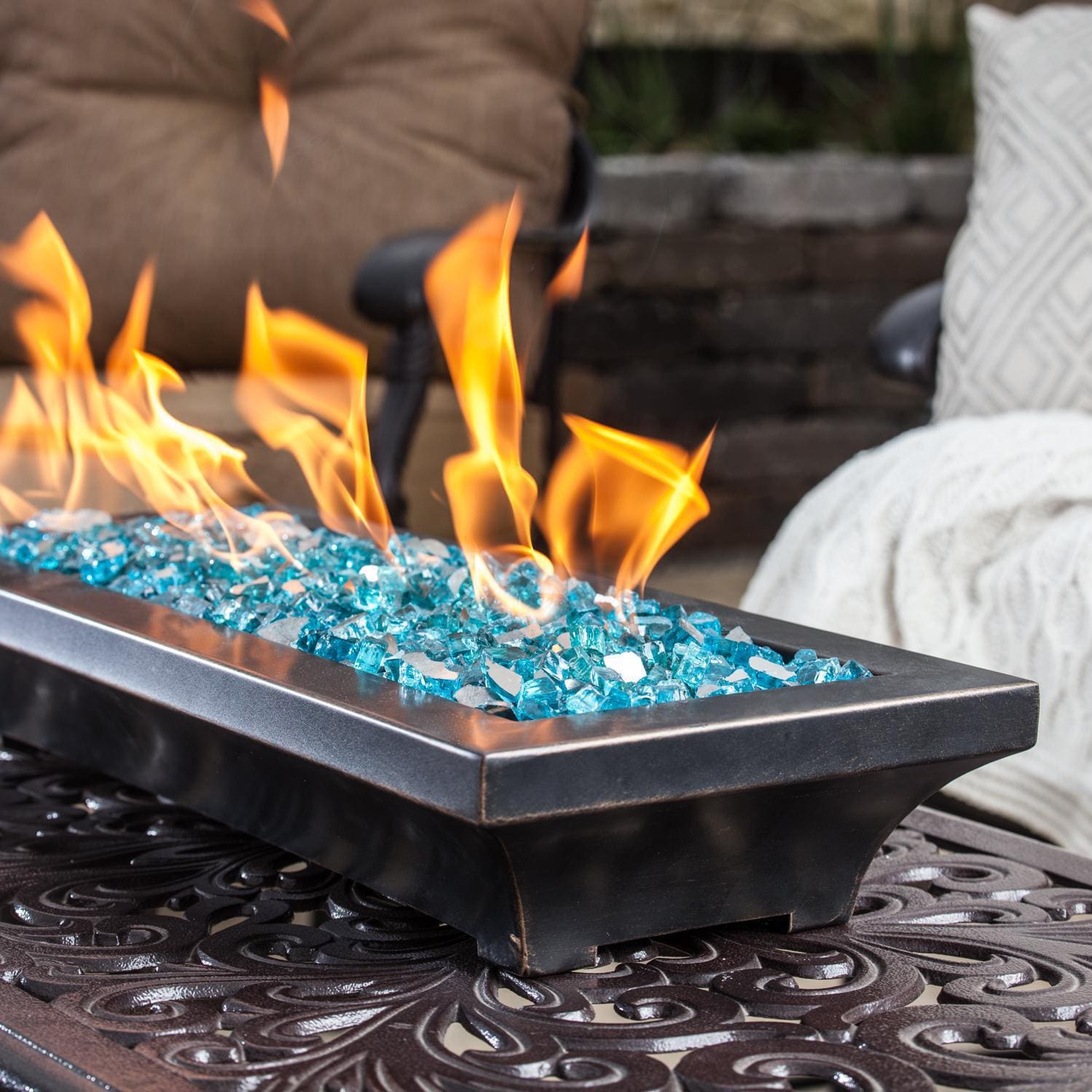 BBQGuys Signature Series Lavelle 18-Inch Table-Top Propane Fire Pit - Oil Rubbed Bronze - Shown with 1/2 inch Caribbean Blue Reflective Fire Glass (Sold Separately) thumbnail